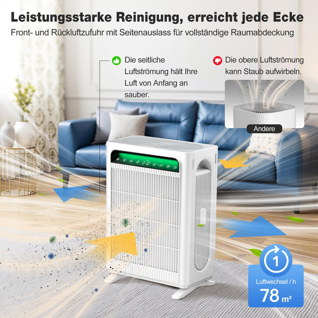 Leistungsstarker Luftreiniger für Raucher und Haustiere CADR 400m³/h bis 78m² Weiß für große Räume