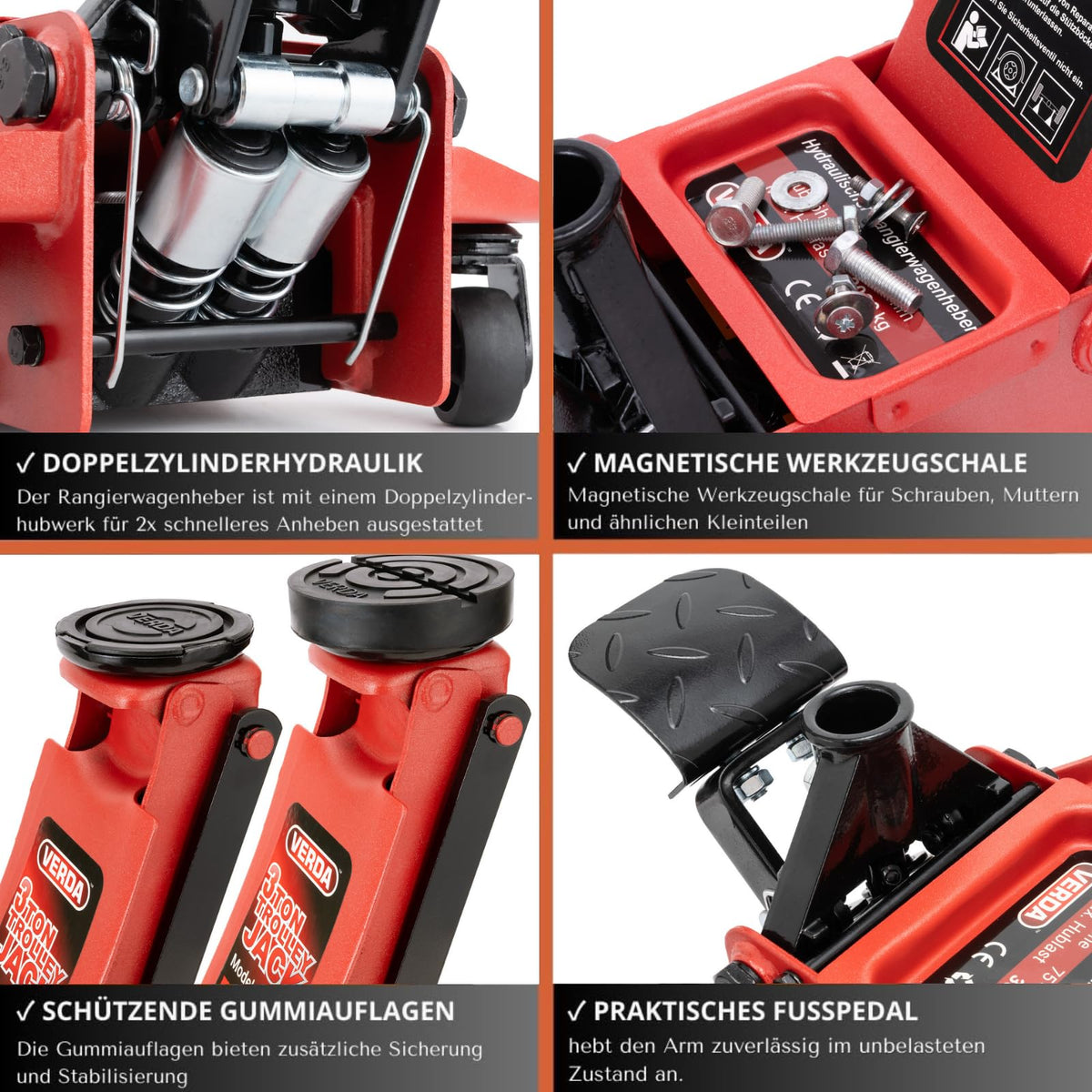 Wagenheber hydraulisch 3T Rangierwagenheber flache Hubhöhe 75 bis 515 mm Fußpedal Doppelpumpsystem SUV stabil
