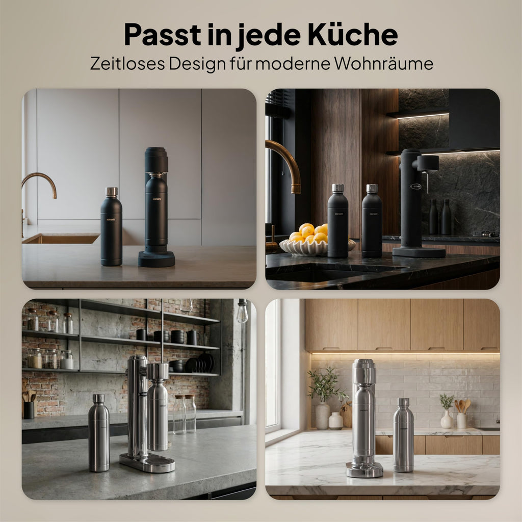 Wassersprudler Edelstahl inkl 2x 1,1 L Edelstahlflaschen geschmacksneutral 100% dicht Druckablassventil Küche