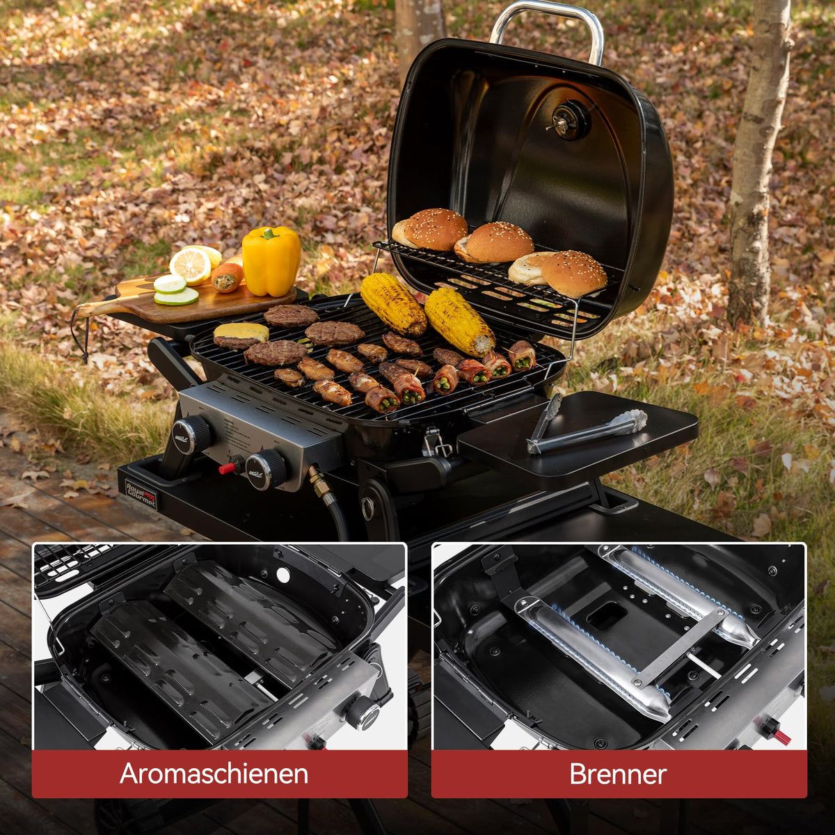 2 Brenner Gasgrill 5 kW Tischgrill mit klappbaren Seitentischen tragbarer BBQ Grill für Balkon Garten Schwarz