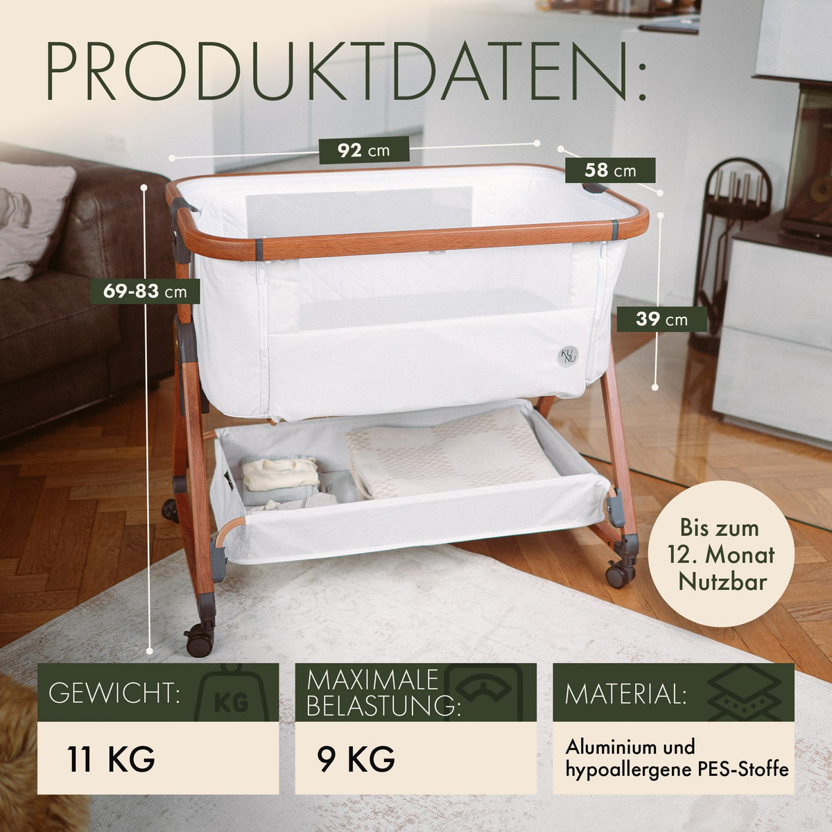 Babybett Beistellbett mit Rollen für Boxspringbett 3 in 1 Reisebett Stubenwagen Wiegefunktion höhenverstellbar
