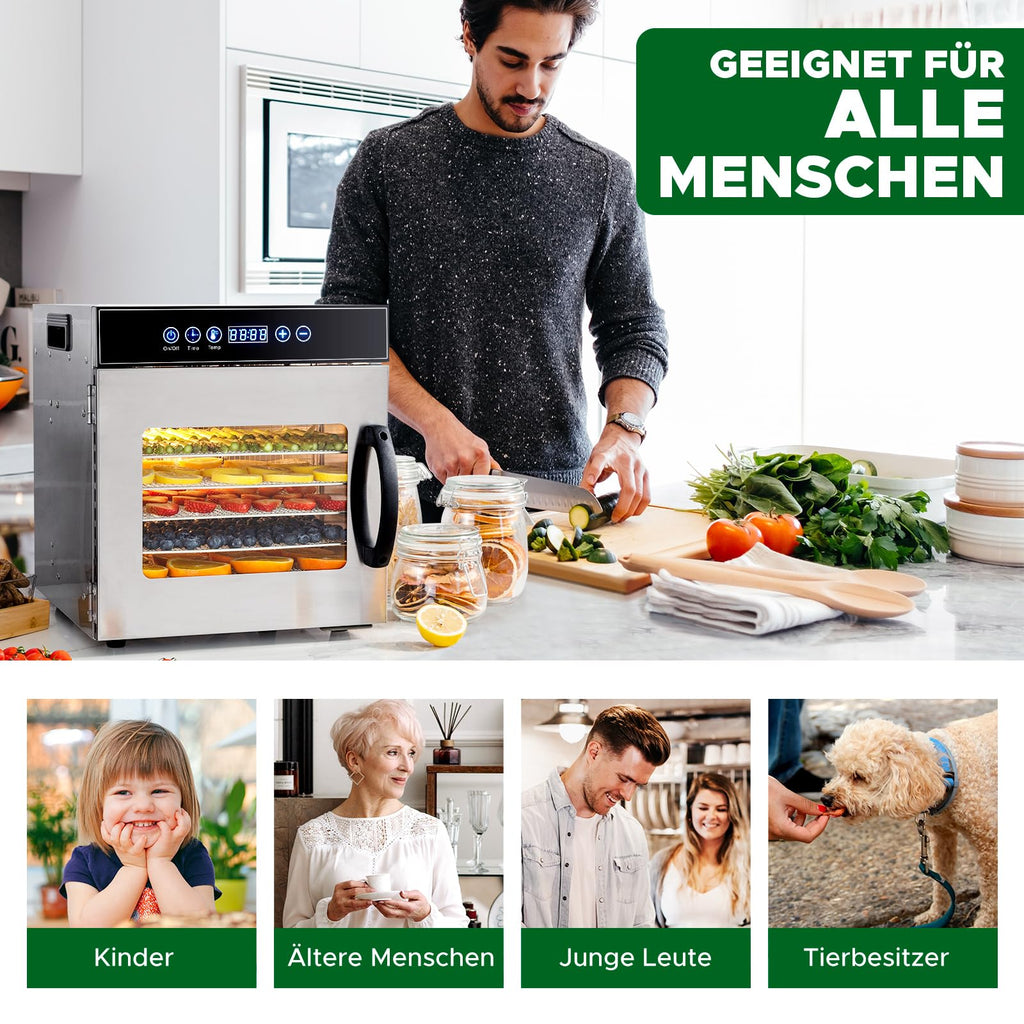 Dörrautomat Edelstahl 8 Etagen 30 bis 90 °C Timer 24 h ohne BPA für Obst Fleisch Gemüse Kräuter Rezeptheft