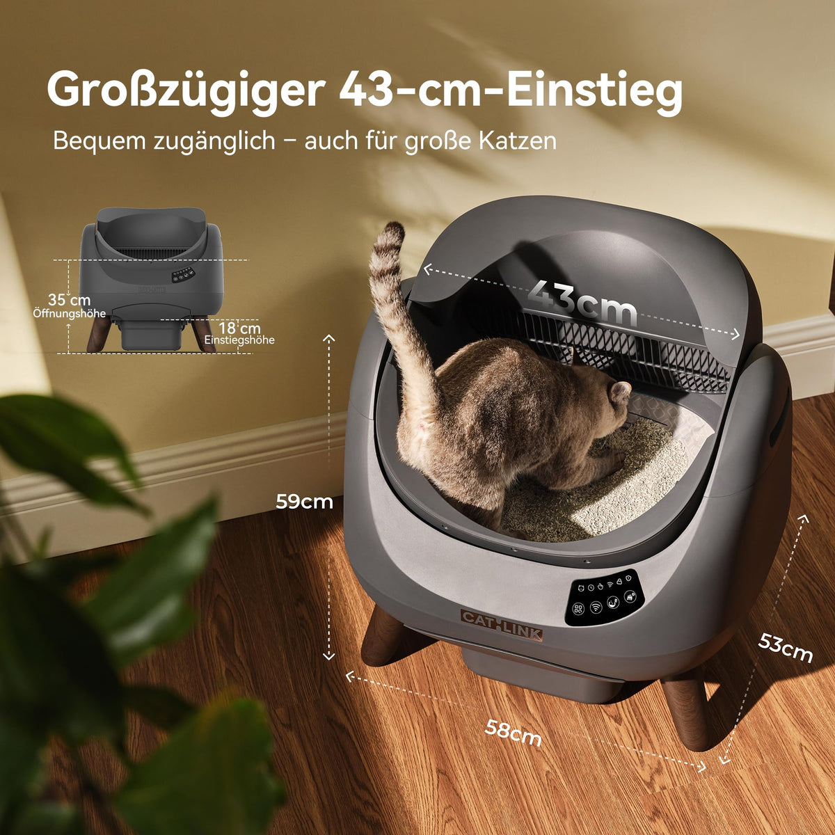 Selbstreinigendes Katzenklo XXL, offenes Top Design, 5 GHz WLAN, 12L, für alle Streuarten, Mehrkatzen, grau