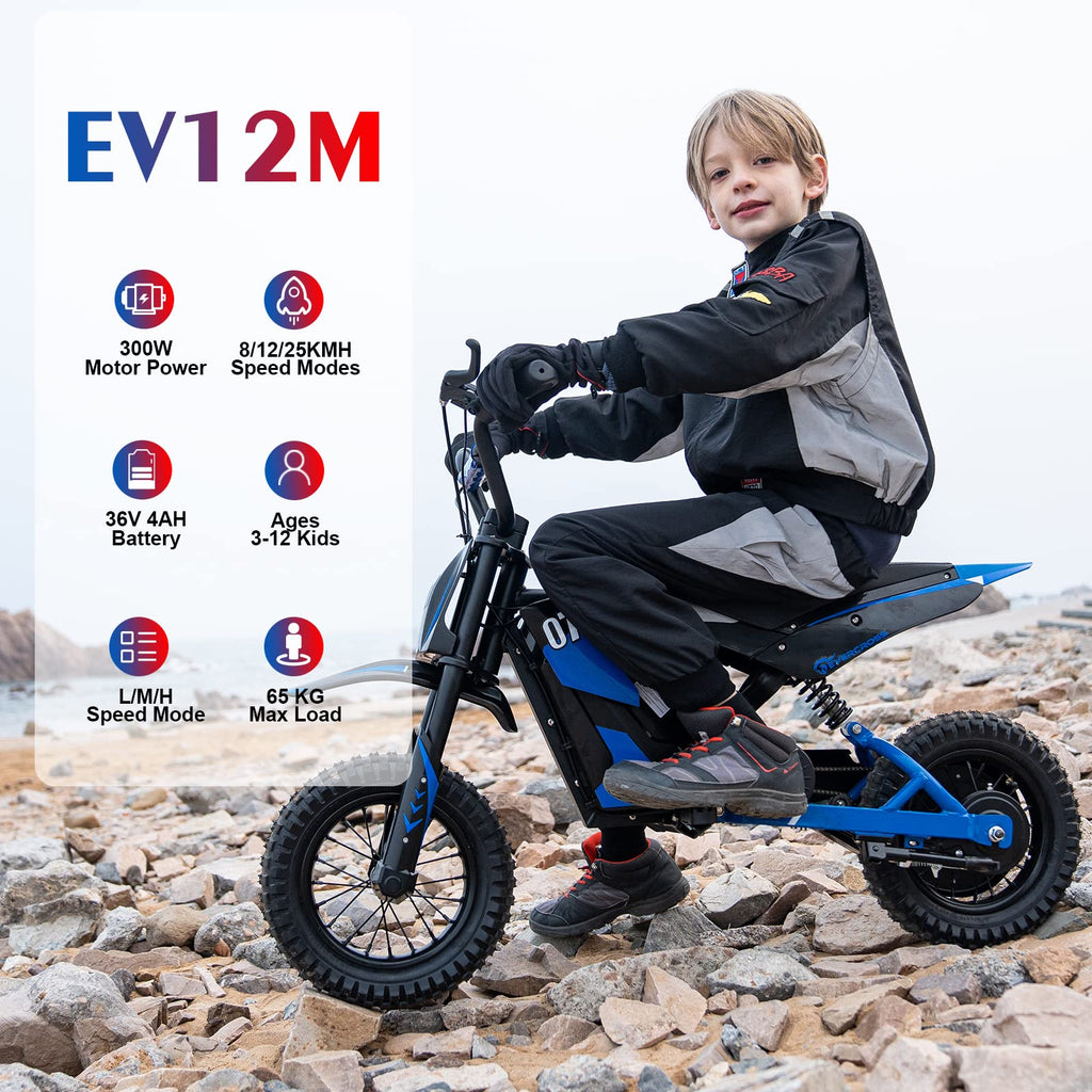 EV12M Elektro Kindermotorrad mit starkem 300 W Motor 12 Zoll Reifen und 5,2 Ah Akku