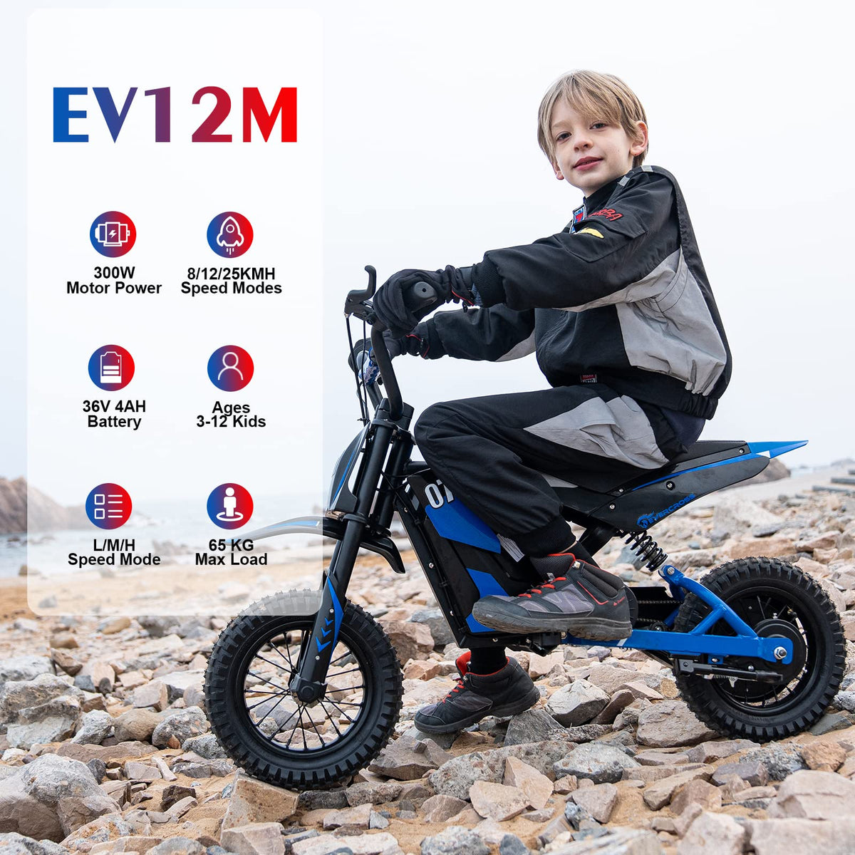 EV12M Elektro Kindermotorrad mit starkem 300 W Motor 12 Zoll Reifen und 5,2 Ah Akku