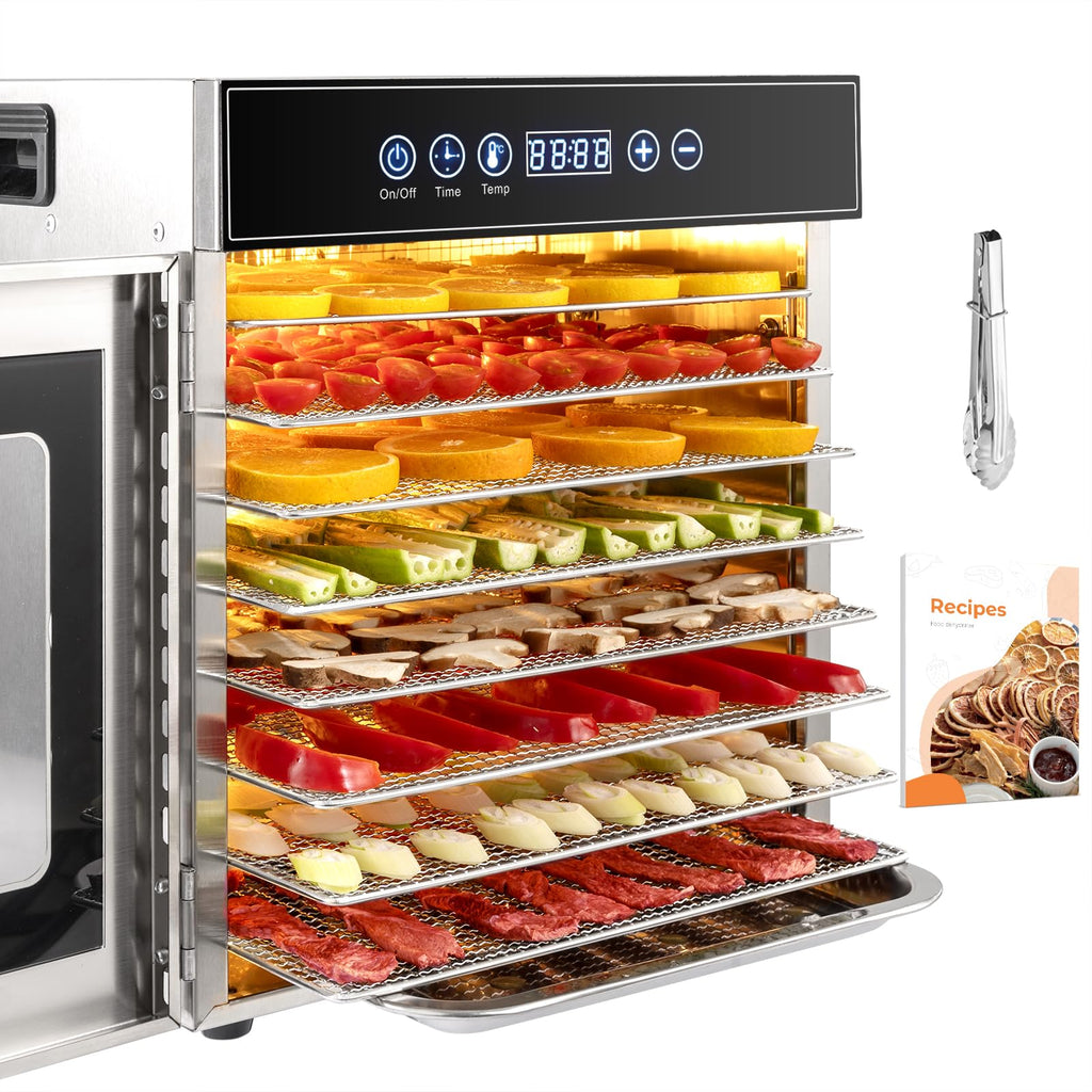 Dörrautomat Edelstahl 8 Etagen 30 bis 90 °C Timer 24 h ohne BPA für Obst Fleisch Gemüse Kräuter Rezeptheft