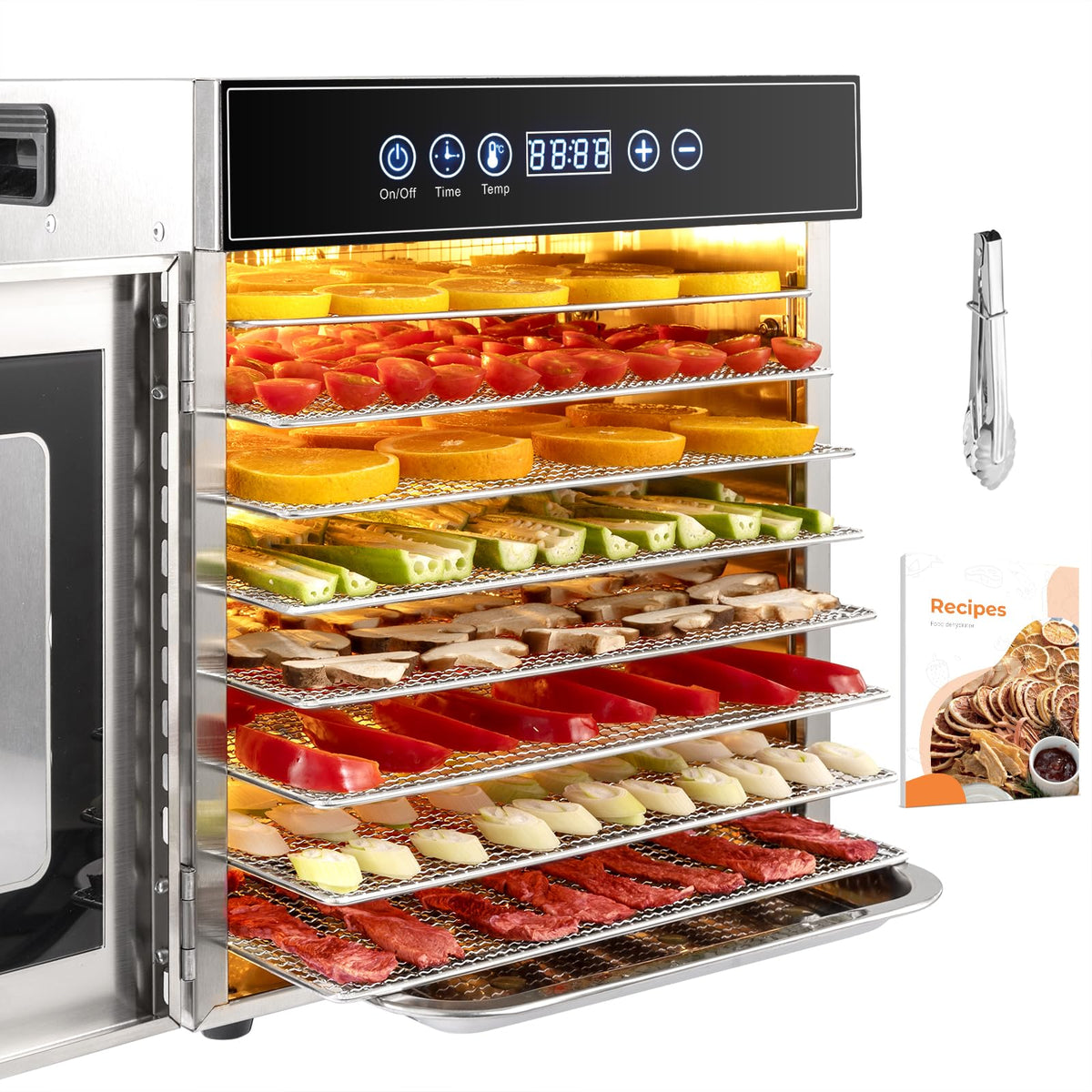 Dörrautomat Edelstahl 8 Etagen 30 bis 90 °C Timer 24 h ohne BPA für Obst Fleisch Gemüse Kräuter Rezeptheft