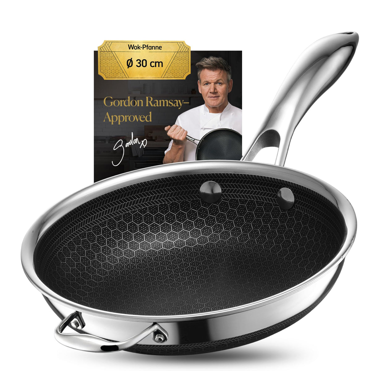 Hybrid Wok 30 cm Durchmesser Edelstahl Wokpfanne pflegeleicht für alle Herdarten inkl Induktion