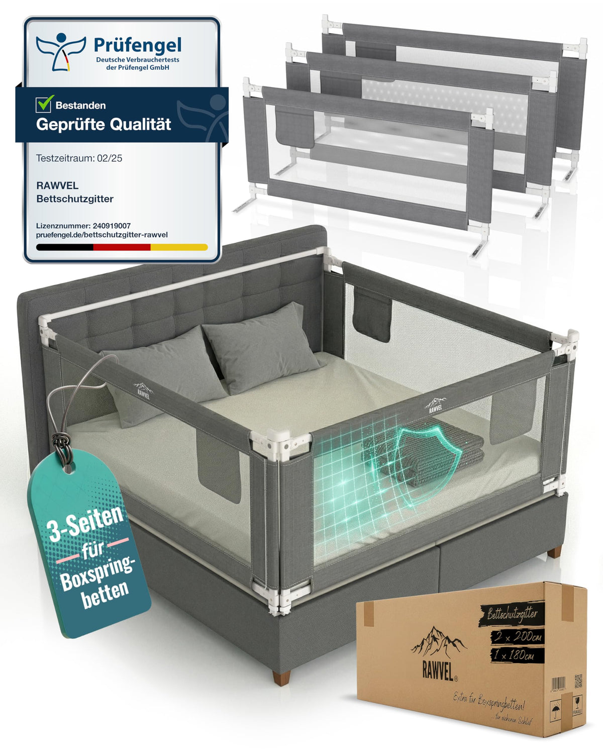 Bettgitter Rausfallschutz Boxspringbett 180x200 cm 3 Seiten Stange laborgeprüft Elternbett deutsche Anleitung