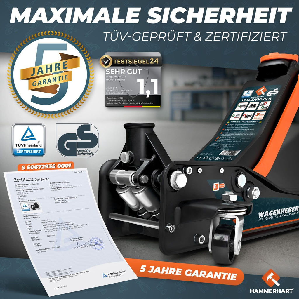 Hydraulischer Wagenheber 3T TÜV Rangierwagenheber 75 bis 505mm flach 360 Grad Rollen 2 Kolben Gummi T Griff