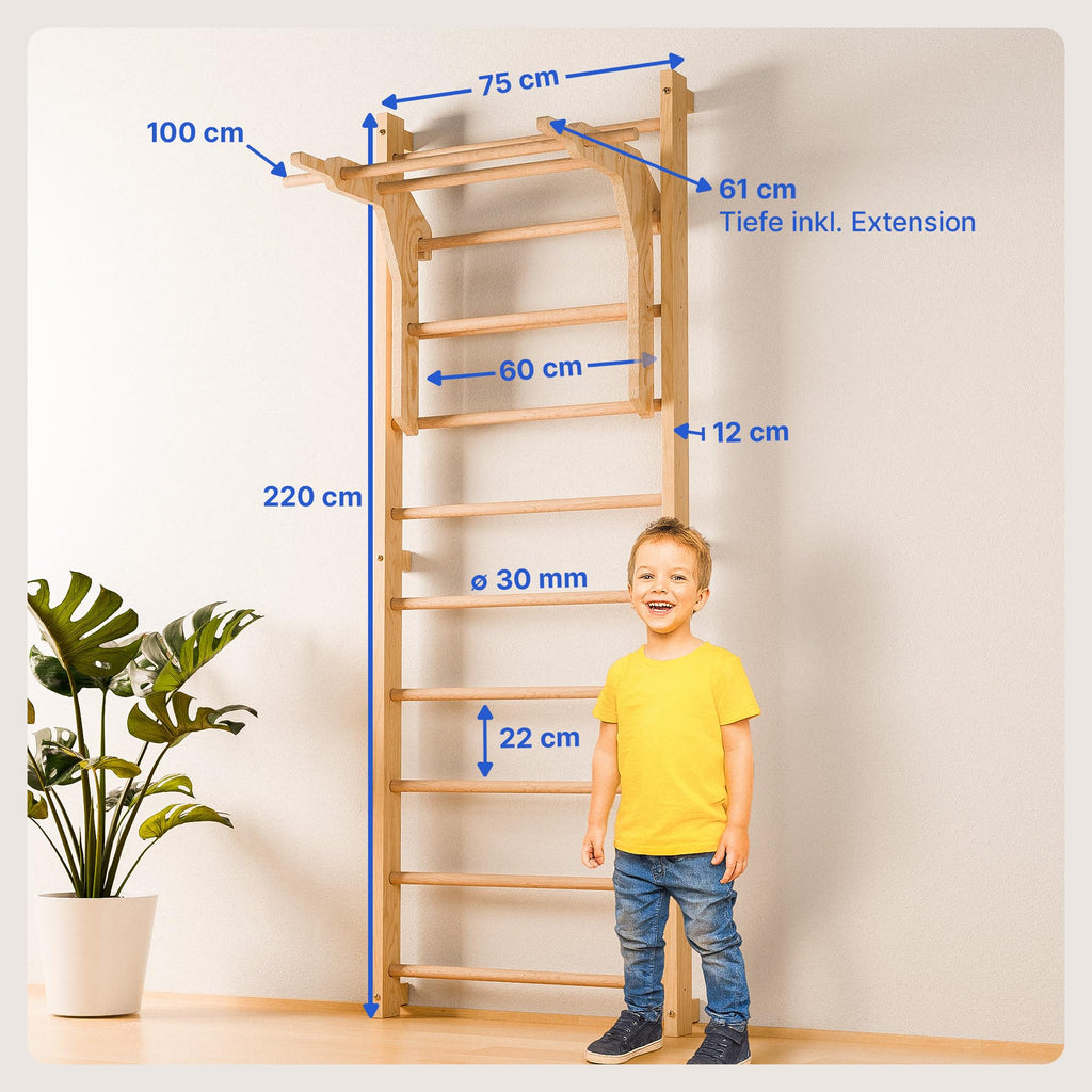 Sprossenwand für Erwachsene und Kinder mit Klimmzugstange und Dip Extension Kletterwand fürs Kinderzimmer
