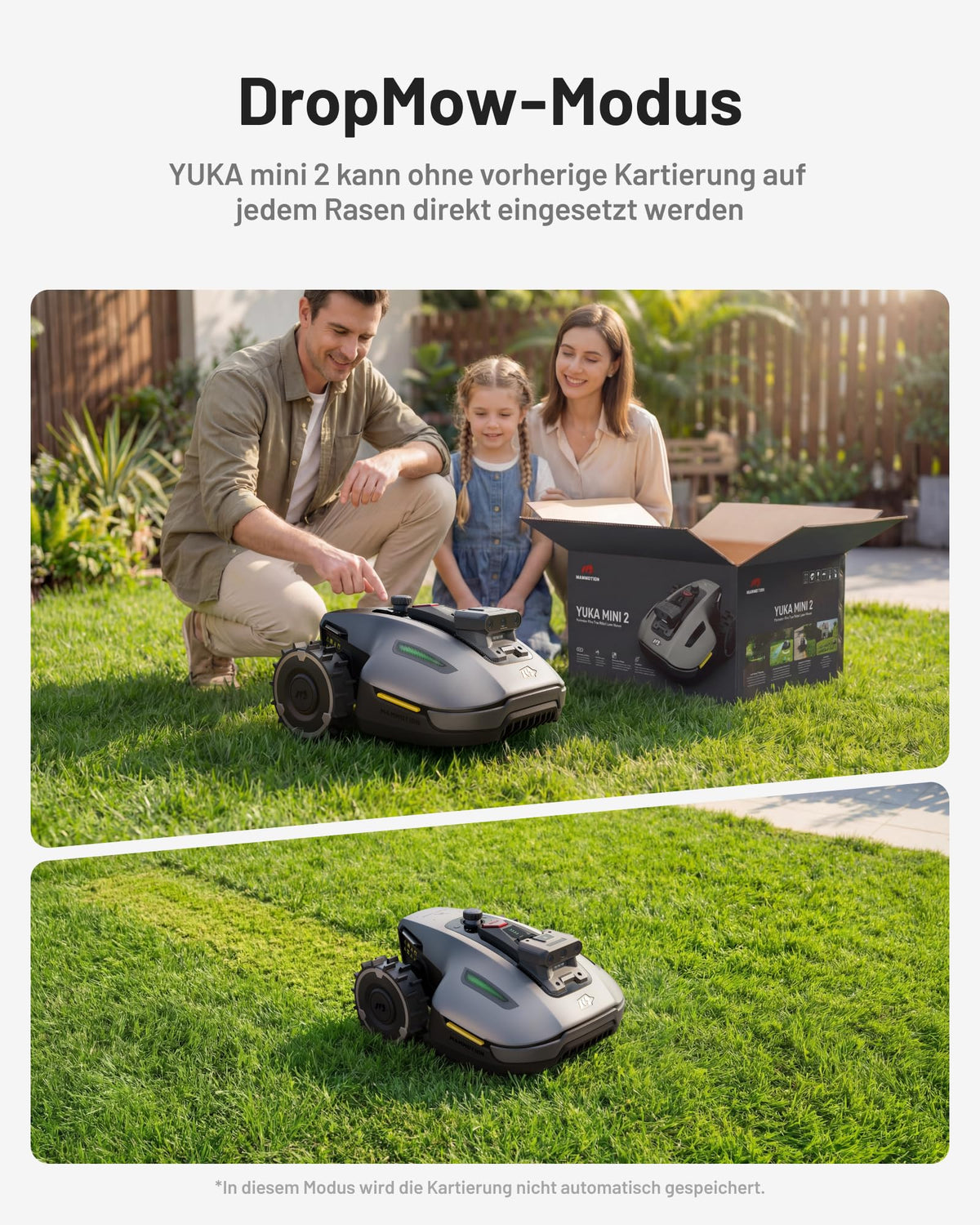 YUKA mini 2 500 Mähroboter ohne Begrenzungskabel für Rasenflächen bis 500 m² kabellose Installation