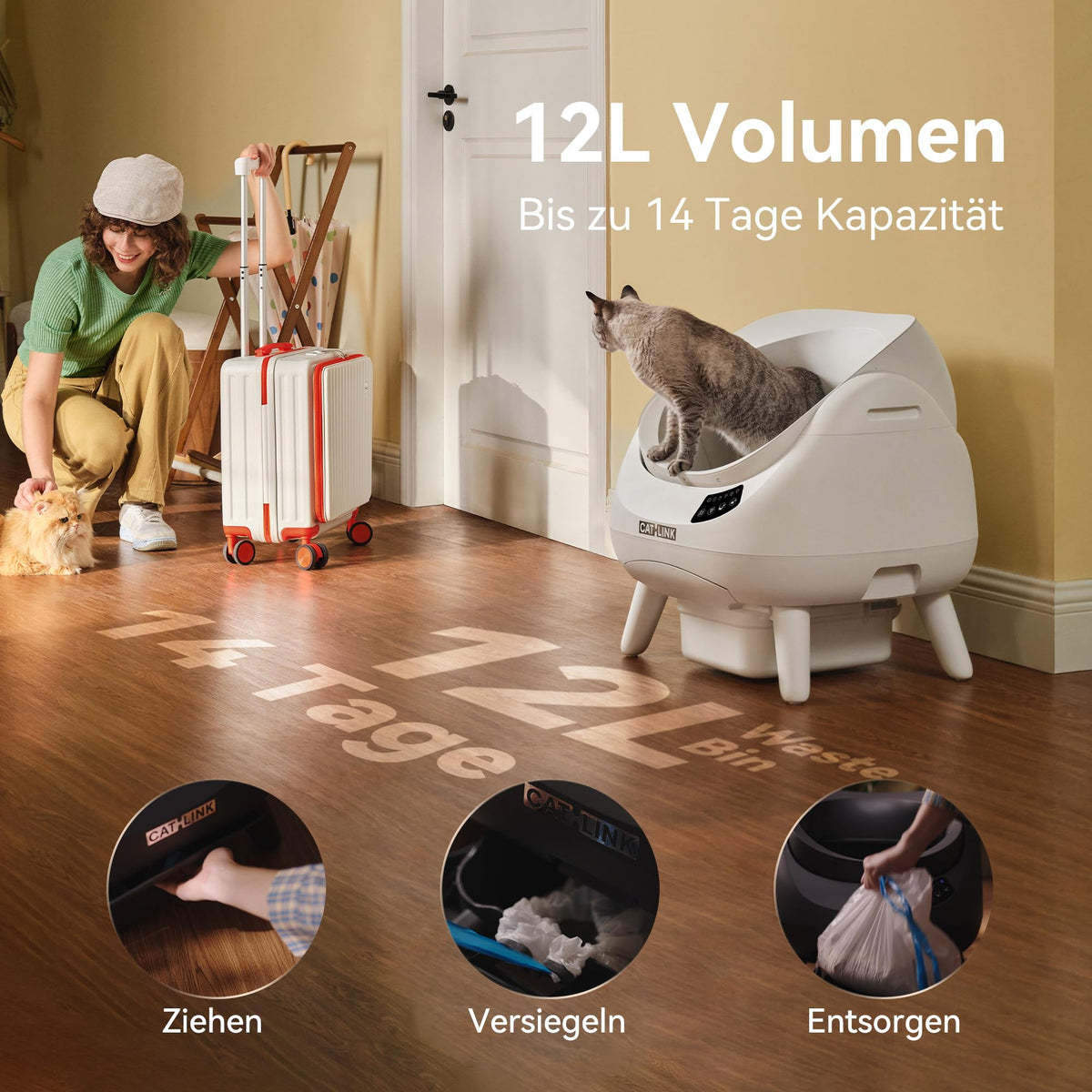 Selbstreinigendes Katzenklo XXL, offenes Top Design, 5 GHz WLAN, 12L, für alle Streuarten, Mehrkatzen, grau