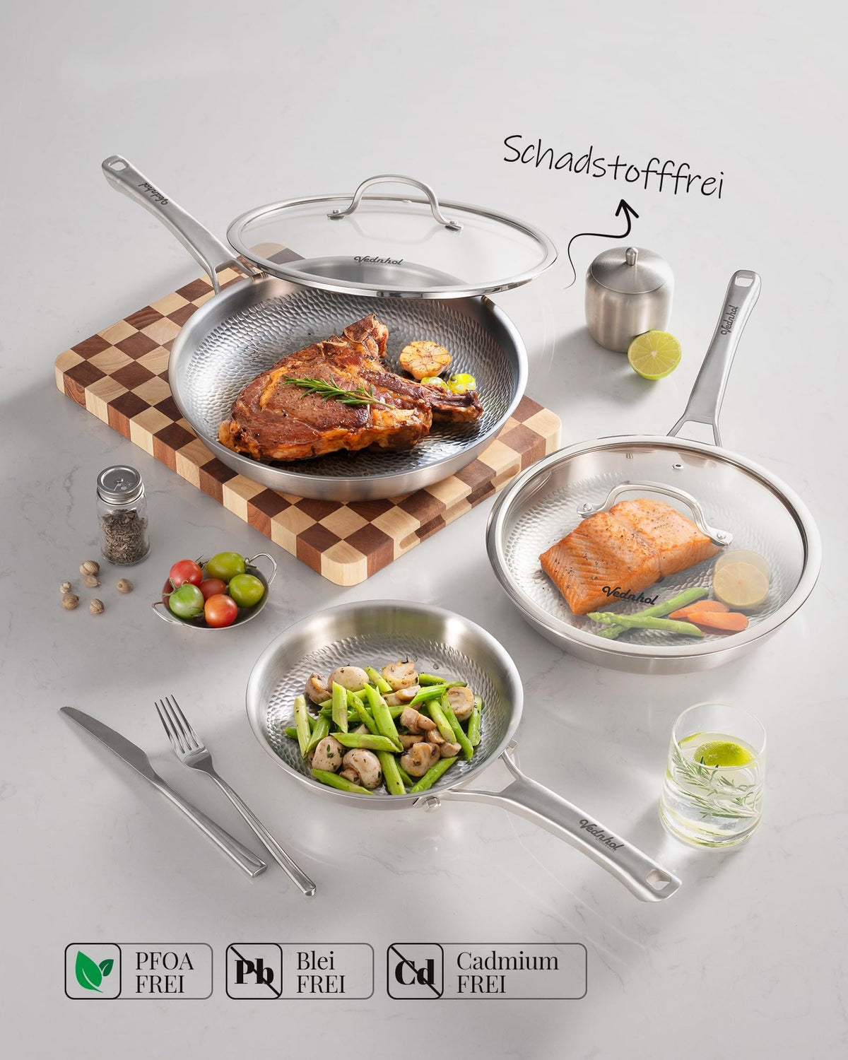 Titan Bratpfannenset 3 teilig 2 Deckel unbeschichtet Induktion PFOA PFAS PTFE frei spülmaschinenfest ofenfest