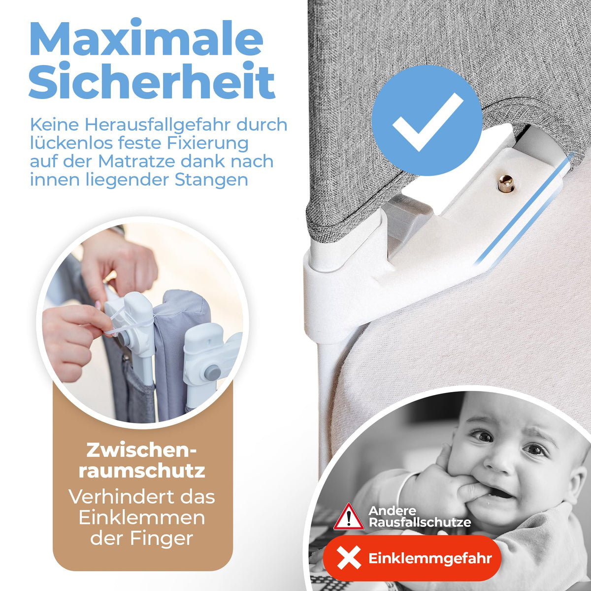 Rausfallschutz Boxspringbett Elternbett 180x200cm 8er Set Stabilitätsstange Zwischenraumschutz laborgeprüft