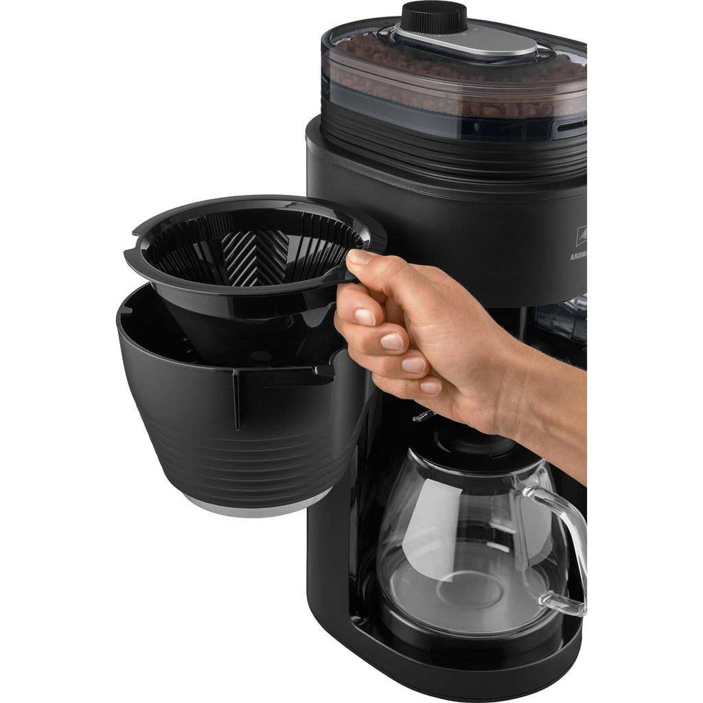 AromaFresh Pro X Filterkaffeemaschine mit Mahlwerk, Wassertank, Glaskanne, Timer für 10 Tassen, schwarz silber
