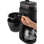 AromaFresh Pro X Filterkaffeemaschine mit Mahlwerk, Wassertank, Glaskanne, Timer für 10 Tassen, schwarz silber