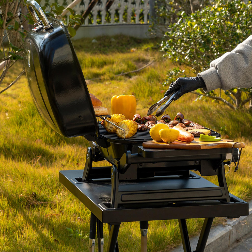2 Brenner Gasgrill 5 kW Tischgrill mit klappbaren Seitentischen tragbarer BBQ Grill für Balkon Garten Schwarz