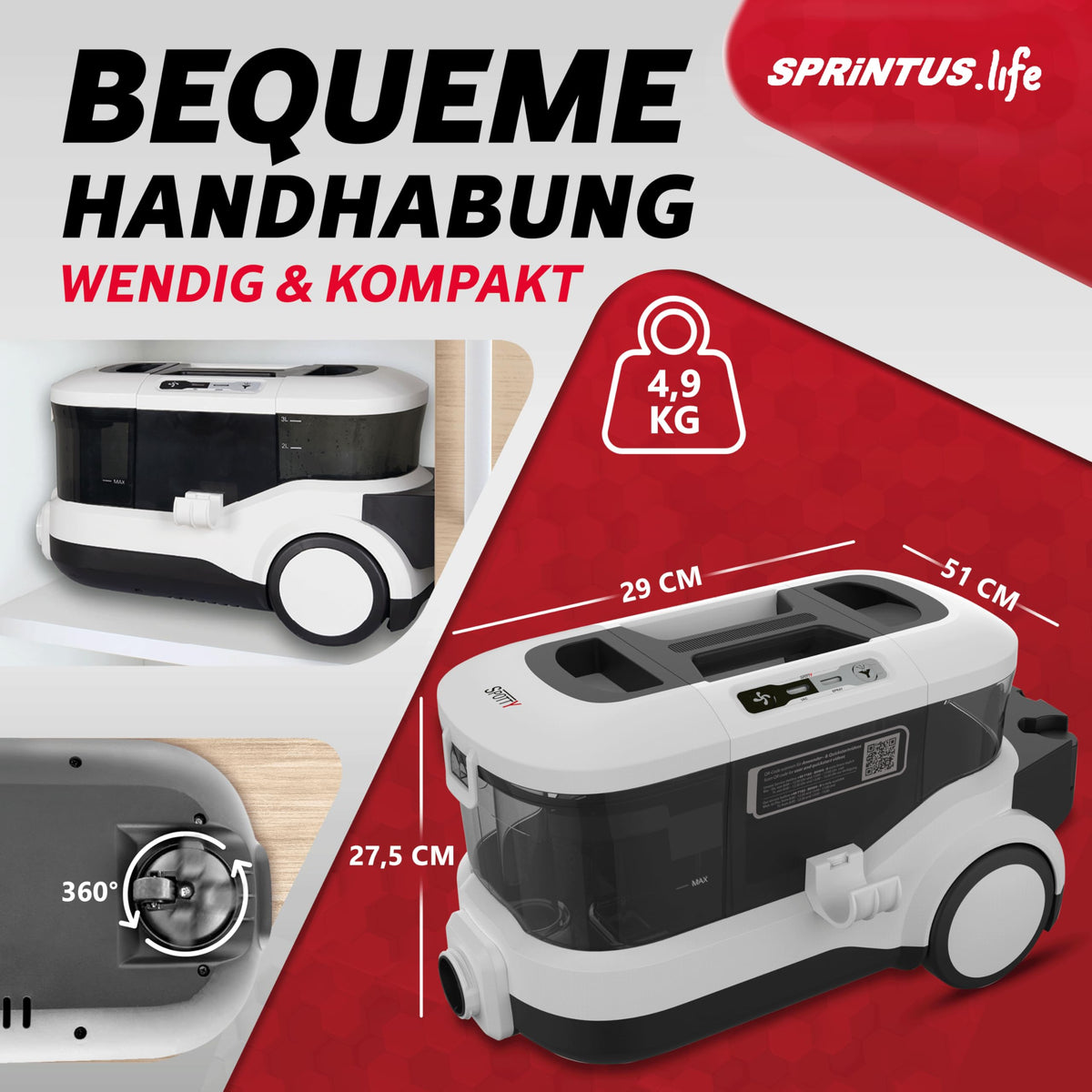 SPOTTY Nasssauger Polsterreiniger 170 mbar Saugleistung Teppich Tierhaar Auto Hartboden 67 dB Waschsauger