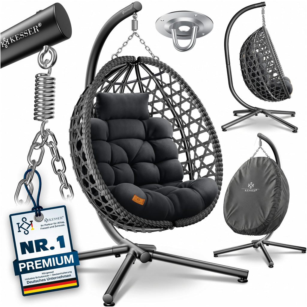 Hängesessel mit Gestell Polyrattan Outdoor Indoor 360° 150kg inkl Polsterkissen 2in1 Deckenhalterung Cover