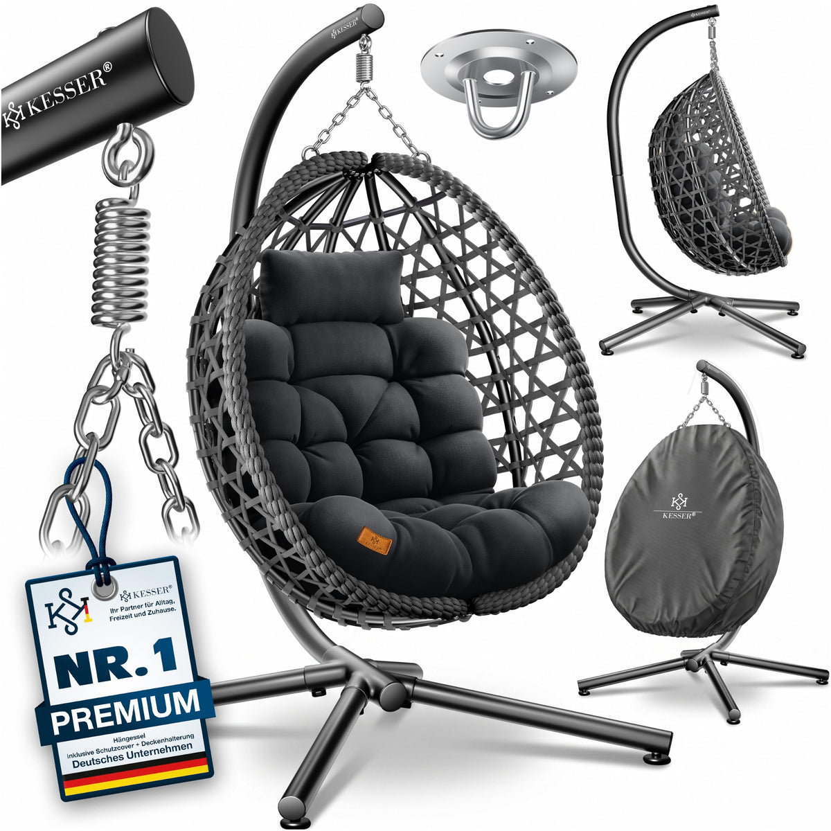 Hängesessel mit Gestell Polyrattan Outdoor Indoor 360° 150kg inkl Polsterkissen 2in1 Deckenhalterung Cover