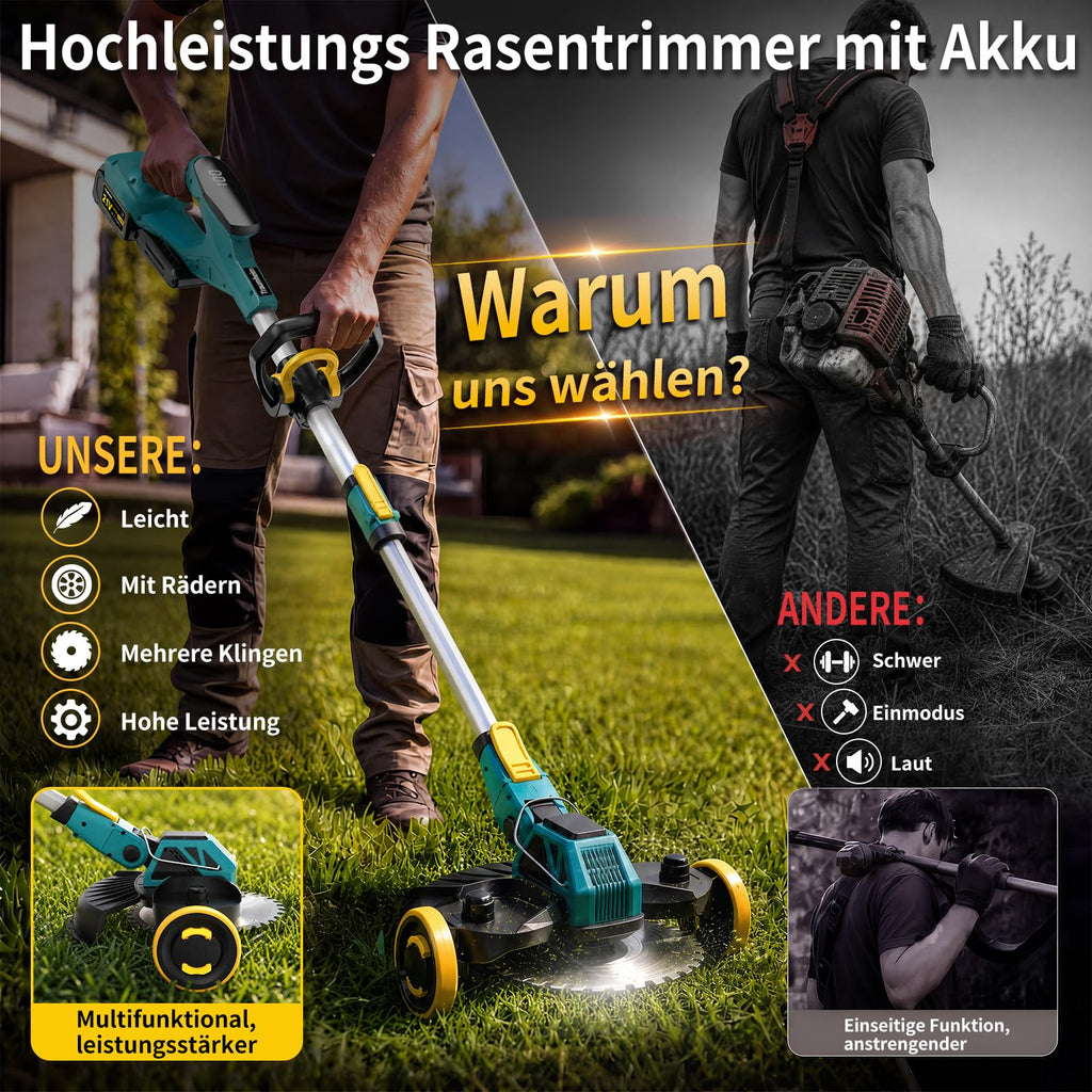 Akku Rasentrimmer 21V 5 in 1 2x 4.0Ah Unkrautbürste 900W bürstenloser Motor Freischneider für Rasen Garten Hof