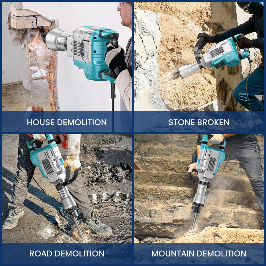 Abbruchhammer 1700W SDS Hex Stemmhammer 65 Joule Betonbrecher Antivibrationsgriff 2 Meißel Koffer mit Rollen