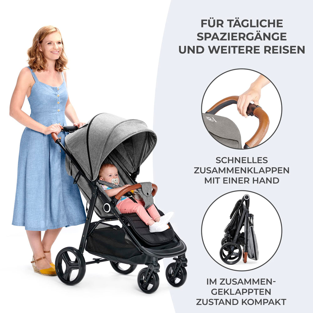Grande Plus Buggy von Geburt bis 22 kg einhandfaltbar Liegeposition Verdeck mit Fenster 4 gefederte Räder Grau