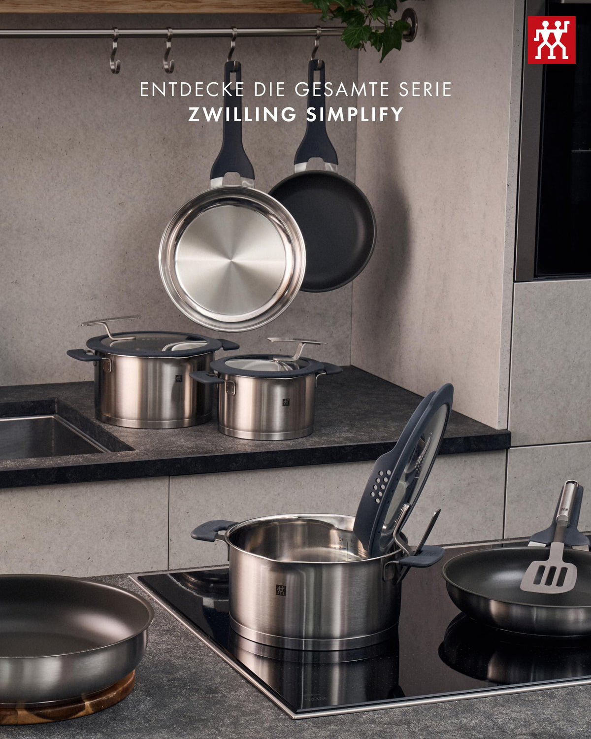 Simplify Kochtopf Set 5 teilig mit integriertem Sieb Induktionsgeeignet grau Kochgeschirr Set