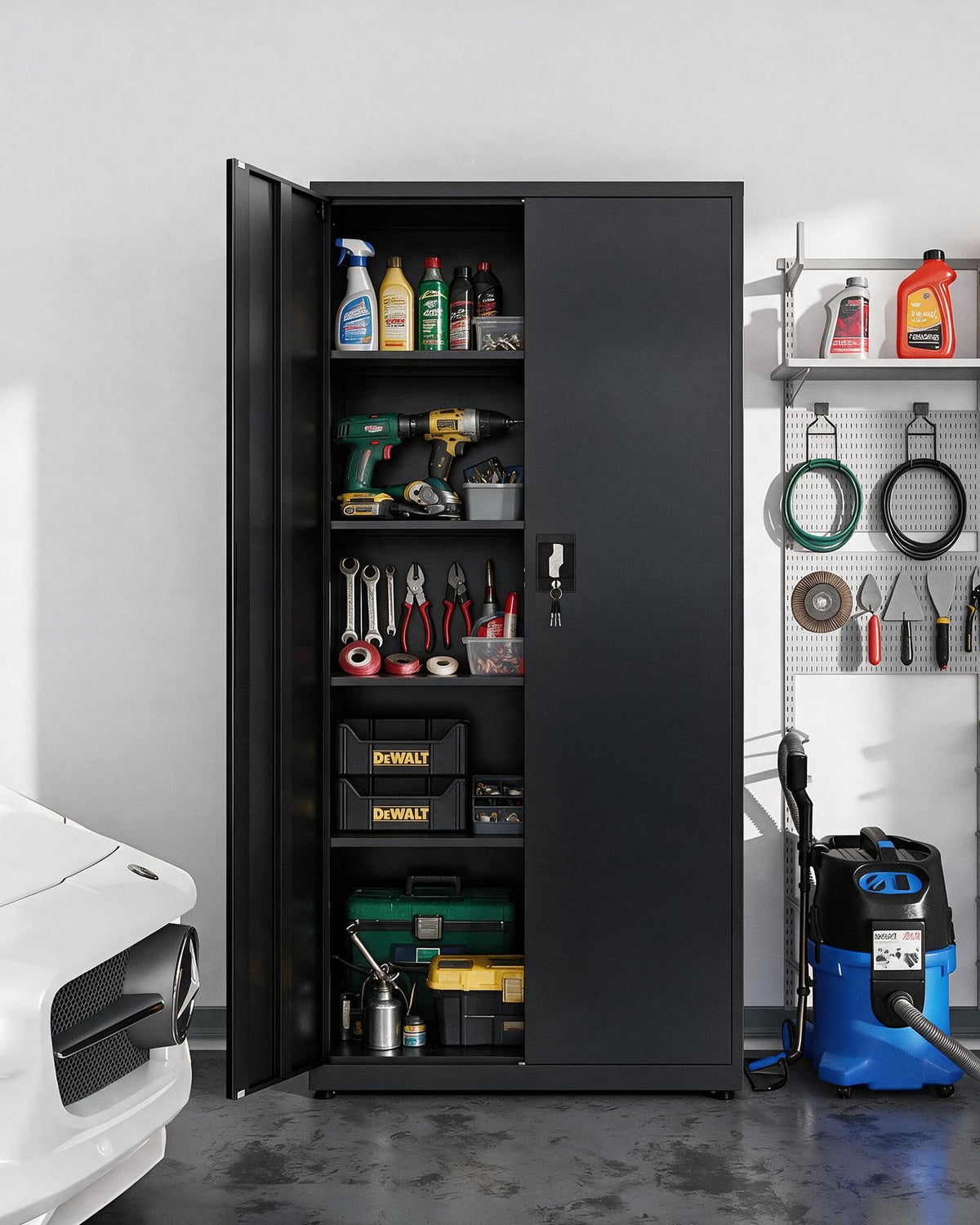 Stahlschrank 5 Ebenen mit Schloss Doppeltüren verstellbare Einlegeböden Werkzeugschrank 80x40x181,5 cm Schwarz