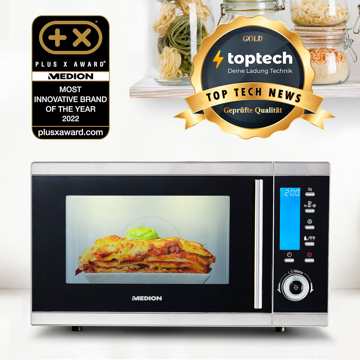MD 15501 4 in 1 Mikrowelle mit Grill 25 L 900 Watt 1100 Watt Grill 2500 Watt Heißluft 10 Automatikprogramme