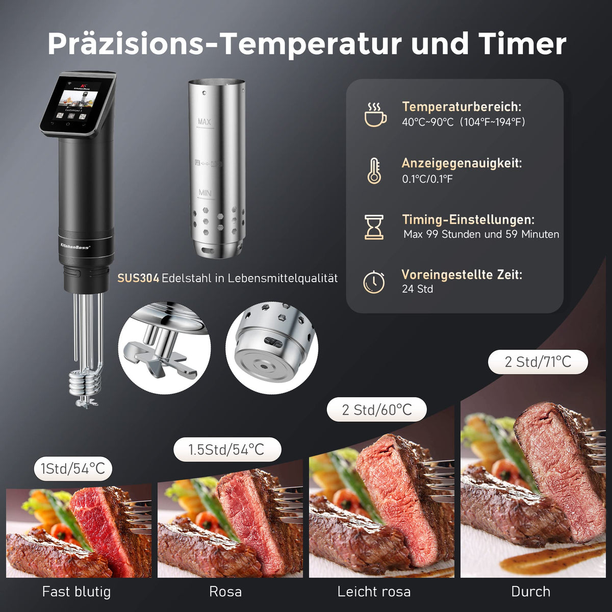Sous Vide Garer Stick WLAN G330 bis 90°C IPX7 wasserdicht TFT Touch Display 360° Tauchzirkulator Timer