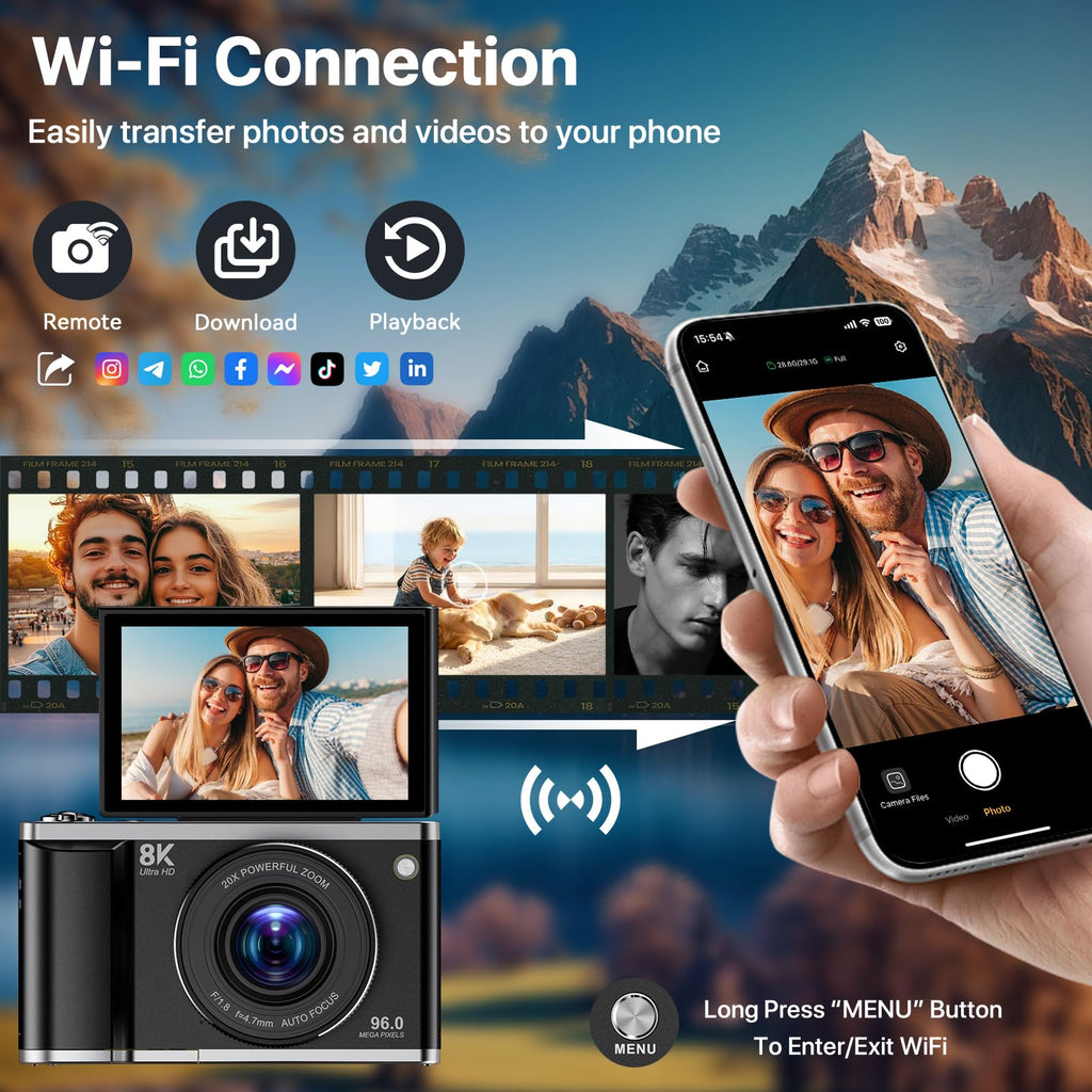Digitalkamera 8K 96MP mit WLAN 20X Zoom Autofokus Anti Shake 3,5 Zoll 180 Grad Klappdisplay 32GB SD 2 Akkus