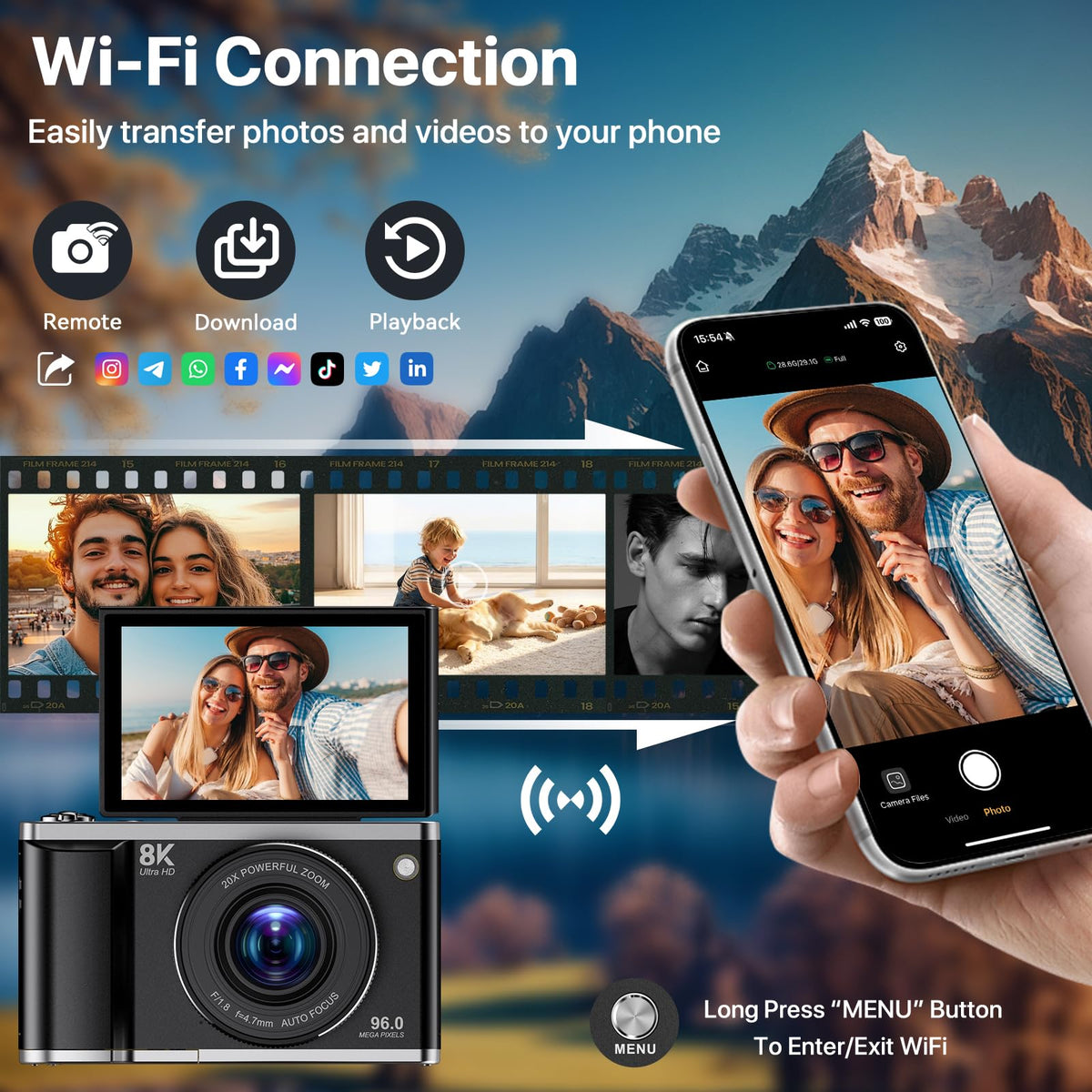 Digitalkamera 8K 96MP mit WLAN 20X Zoom Autofokus Anti Shake 3,5 Zoll 180 Grad Klappdisplay 32GB SD 2 Akkus