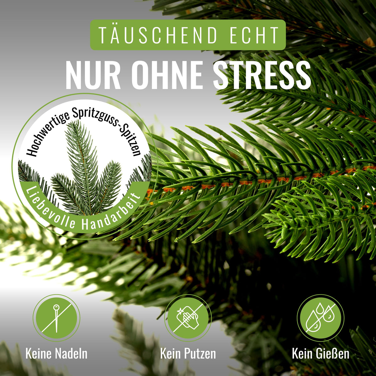 Kunstweihnachtsbaum Nordmanntanne 220cm mit Holzständer, Testsieger, naturgetreue Nadeln, ohne Beleuchtung