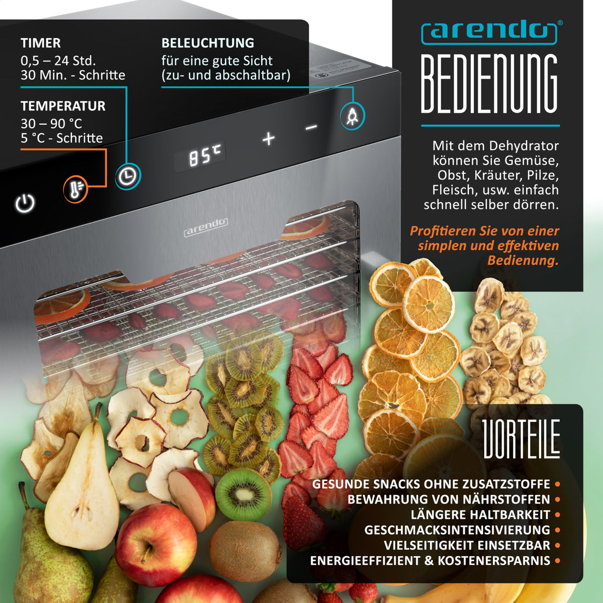 Dörrautomat Edelstahl 800 W 30 bis 90°C 12 Einlegetabletts 10000 cm² Dörrgerät Dehydrator Obst Fleisch Pilze