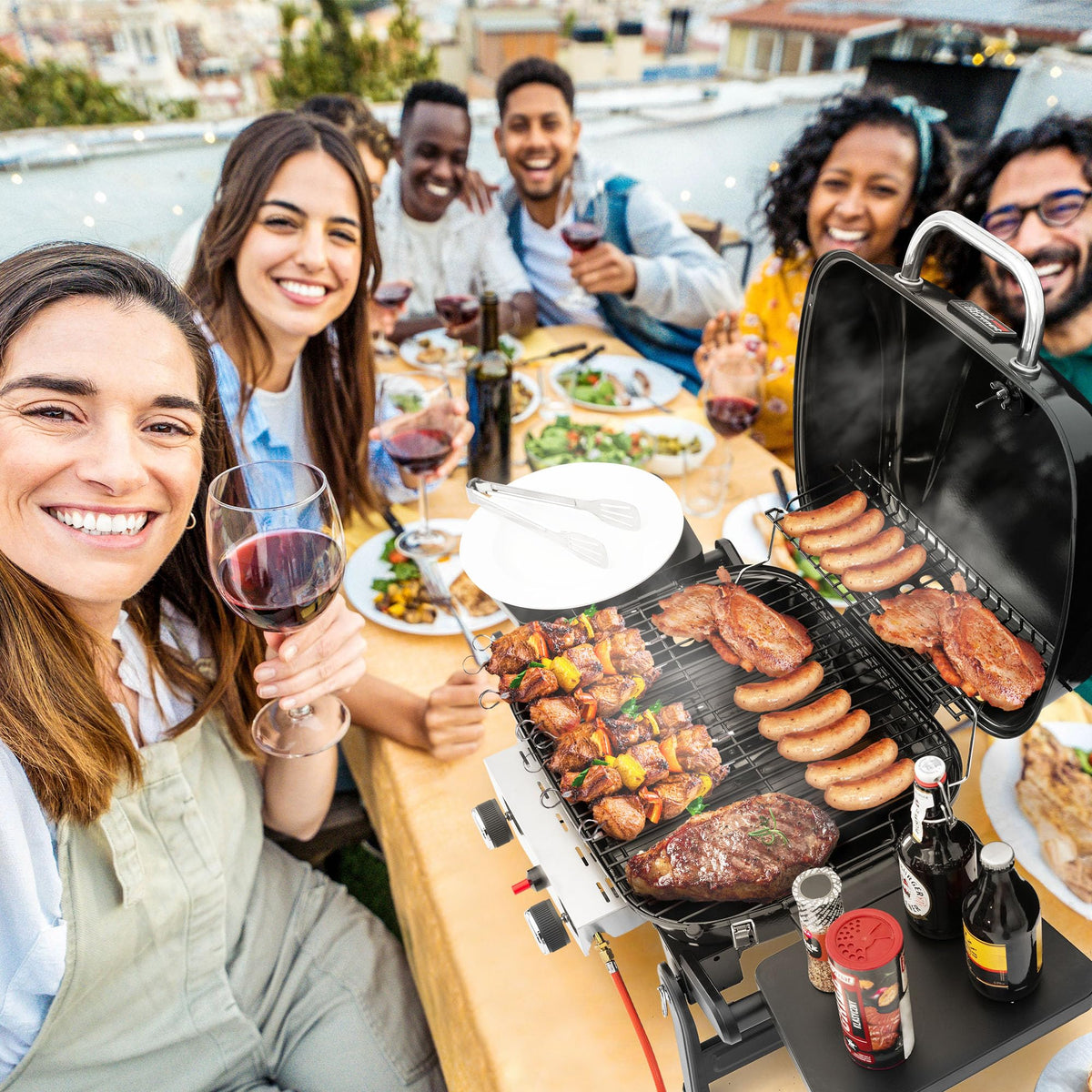 2 Brenner Gasgrill 5 kW Tischgrill mit klappbaren Seitentischen tragbarer BBQ Grill für Balkon Garten Schwarz