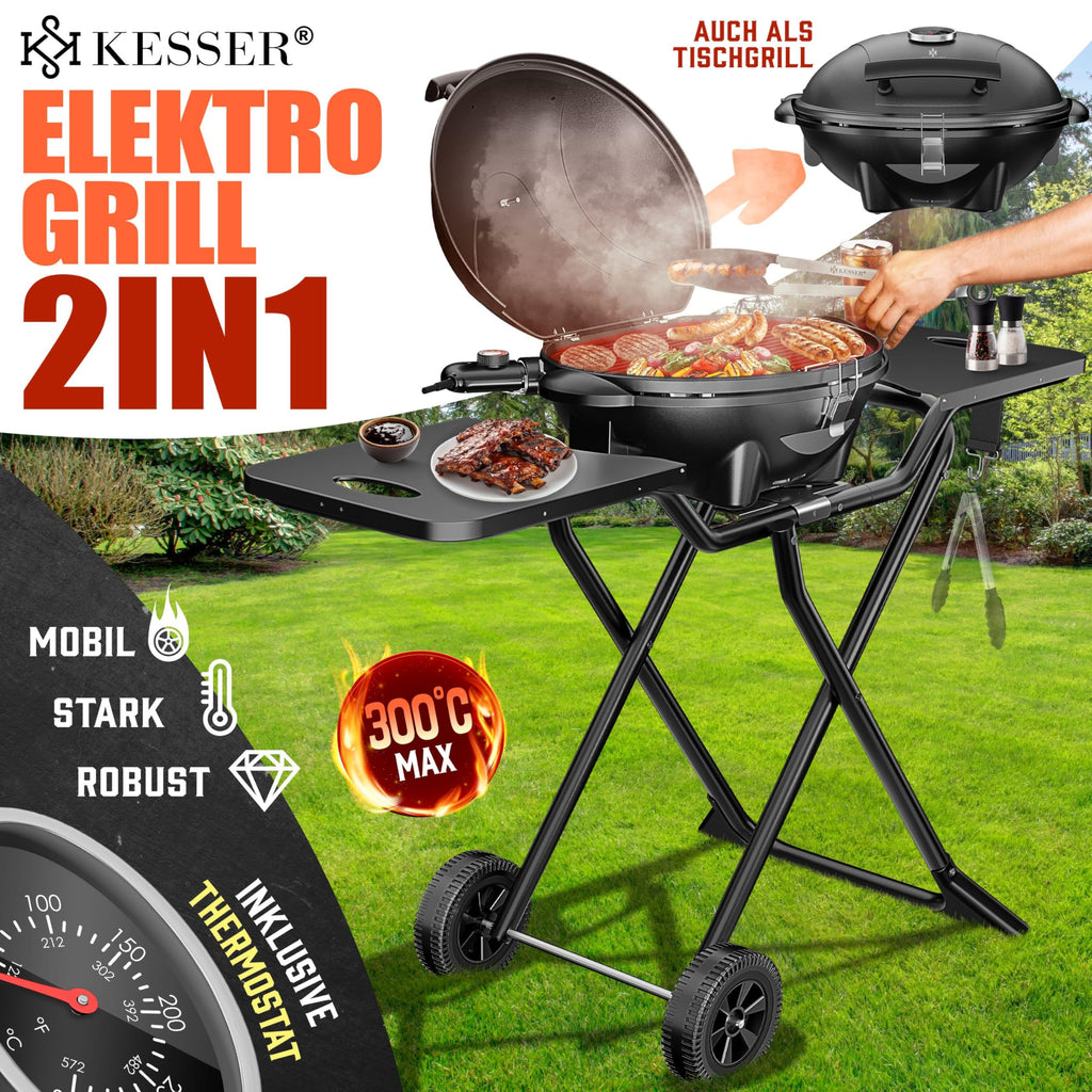 Elektrogrill 2 in 1 Tischgrill Standgrill Deckel Standfuß 2400 Watt faltbar Thermostat Antihaftbeschichtung