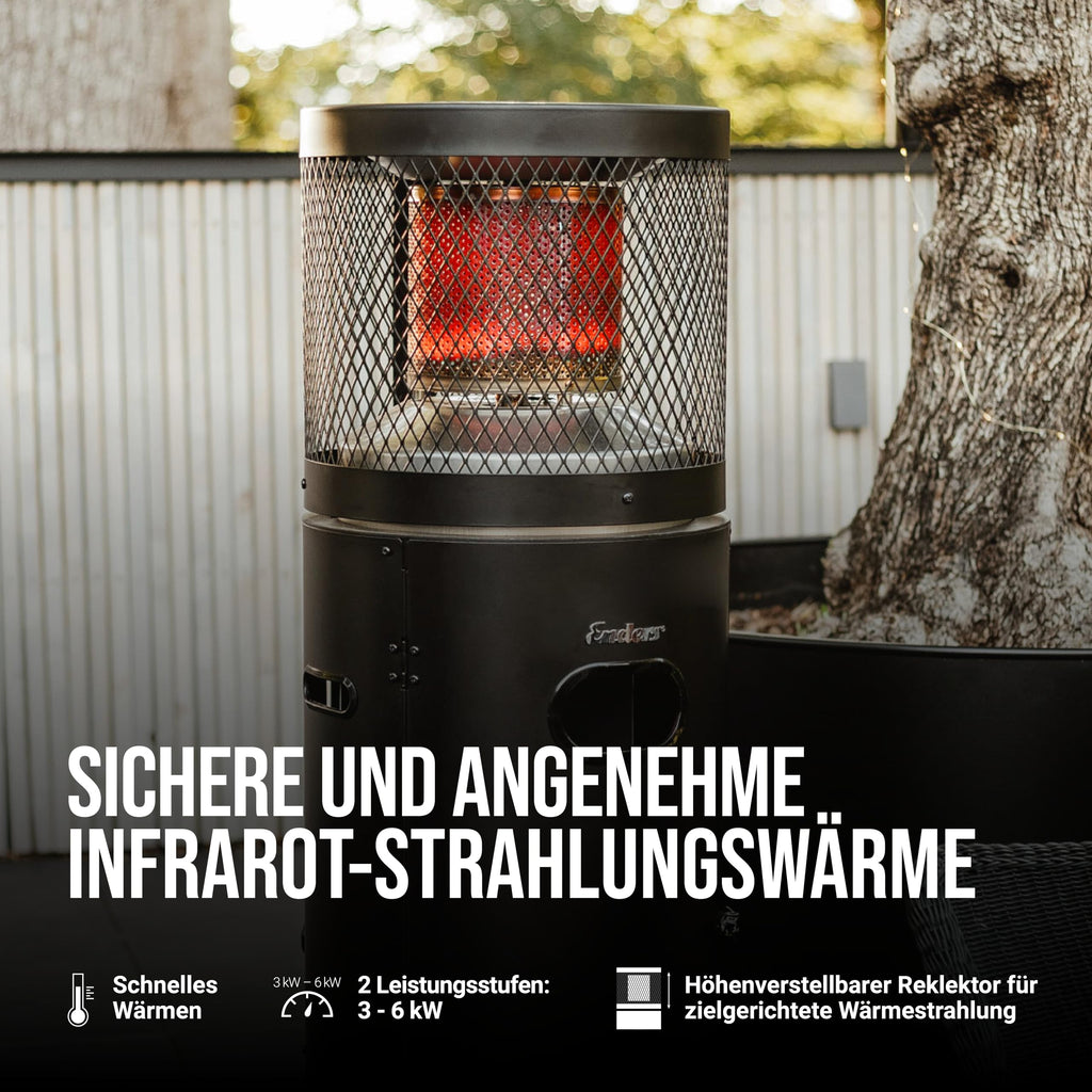 Terrassenheizer Gas Polo Black 2.0 stufenlos regulierbar Reflektionssystem Umkippsicherung Transporträder #5464