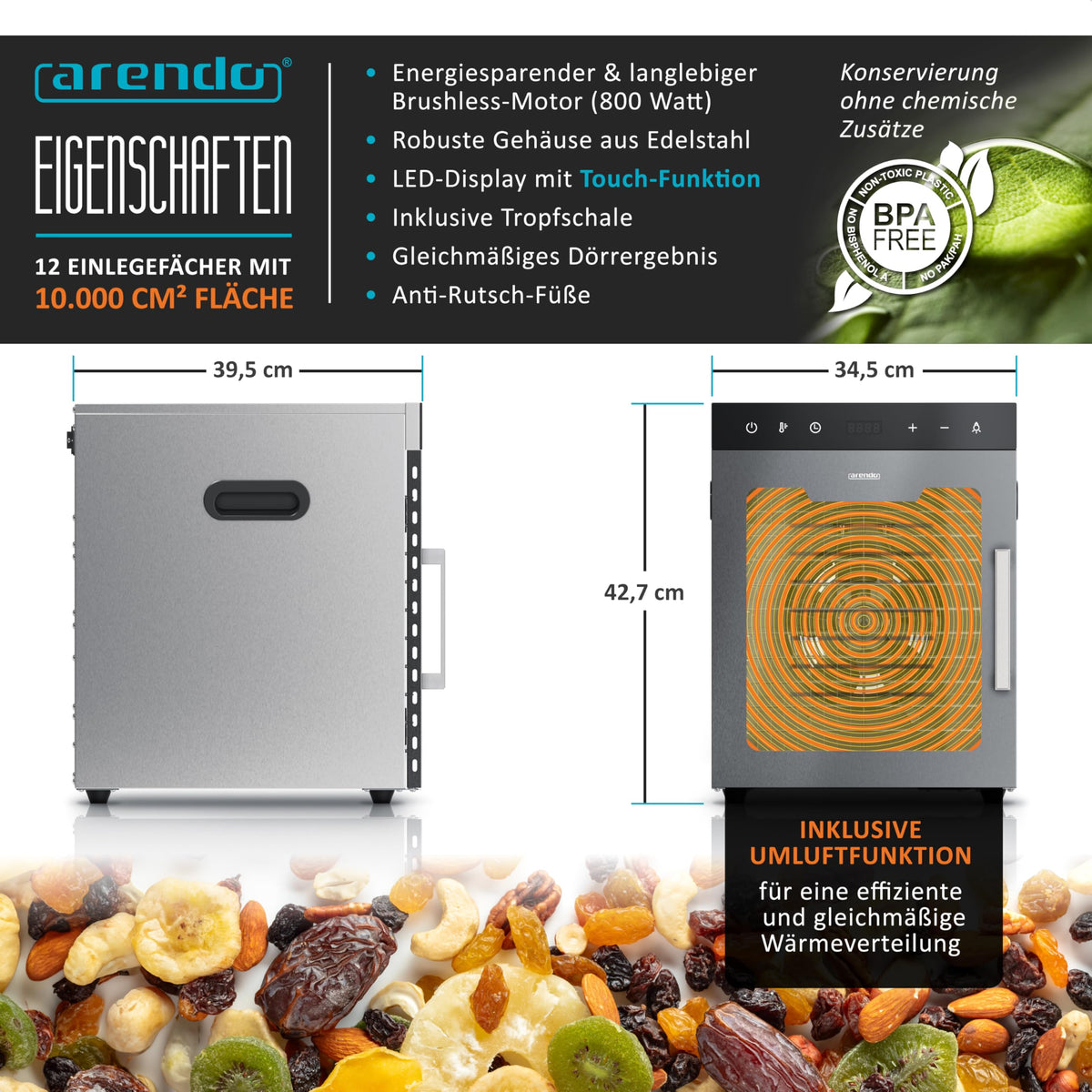 Dörrautomat Edelstahl 800 W 30 bis 90°C 12 Einlegetabletts 10000 cm² Dörrgerät Dehydrator Obst Fleisch Pilze