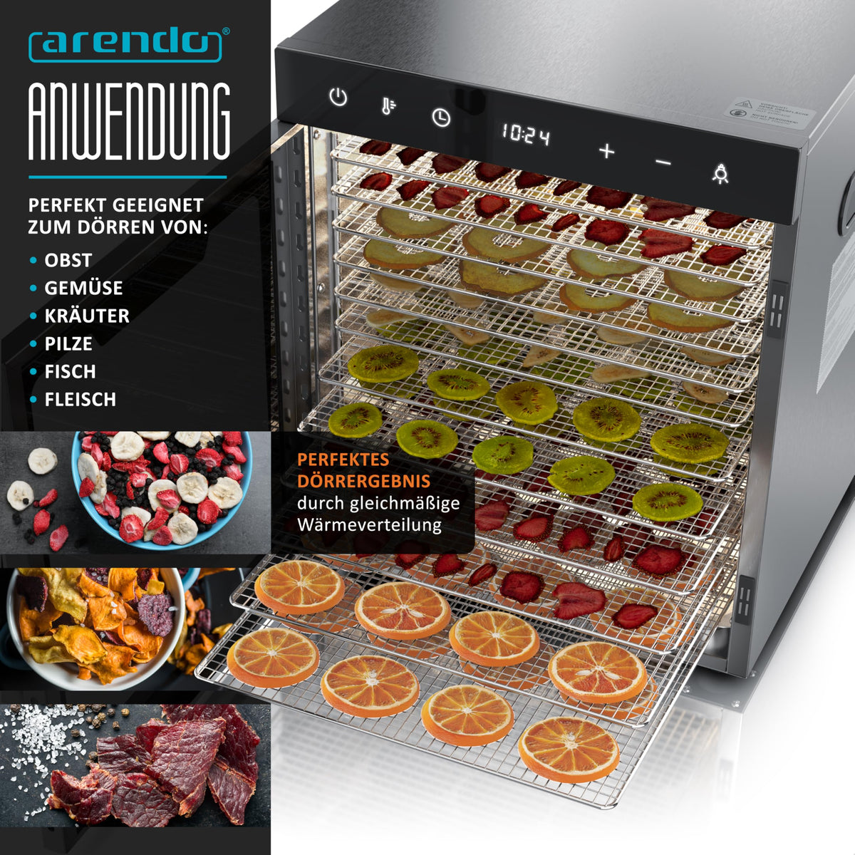 Dörrautomat Edelstahl 800 W 30 bis 90°C 12 Einlegetabletts 10000 cm² Dörrgerät Dehydrator Obst Fleisch Pilze