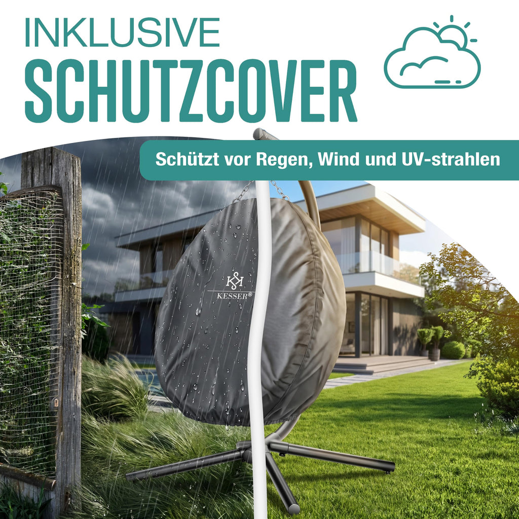 Hängesessel mit Gestell Polyrattan Outdoor Indoor 360° 150kg inkl Polsterkissen 2in1 Deckenhalterung Cover