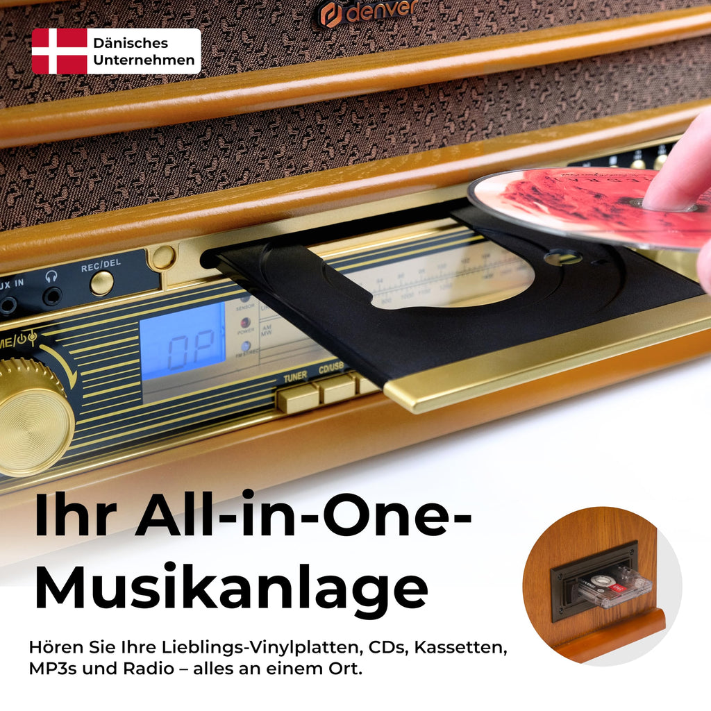 Retro Musikanlage Stereoanlage Kompaktanlage mit Plattenspieler CD und Kassette All in One Musiksystem