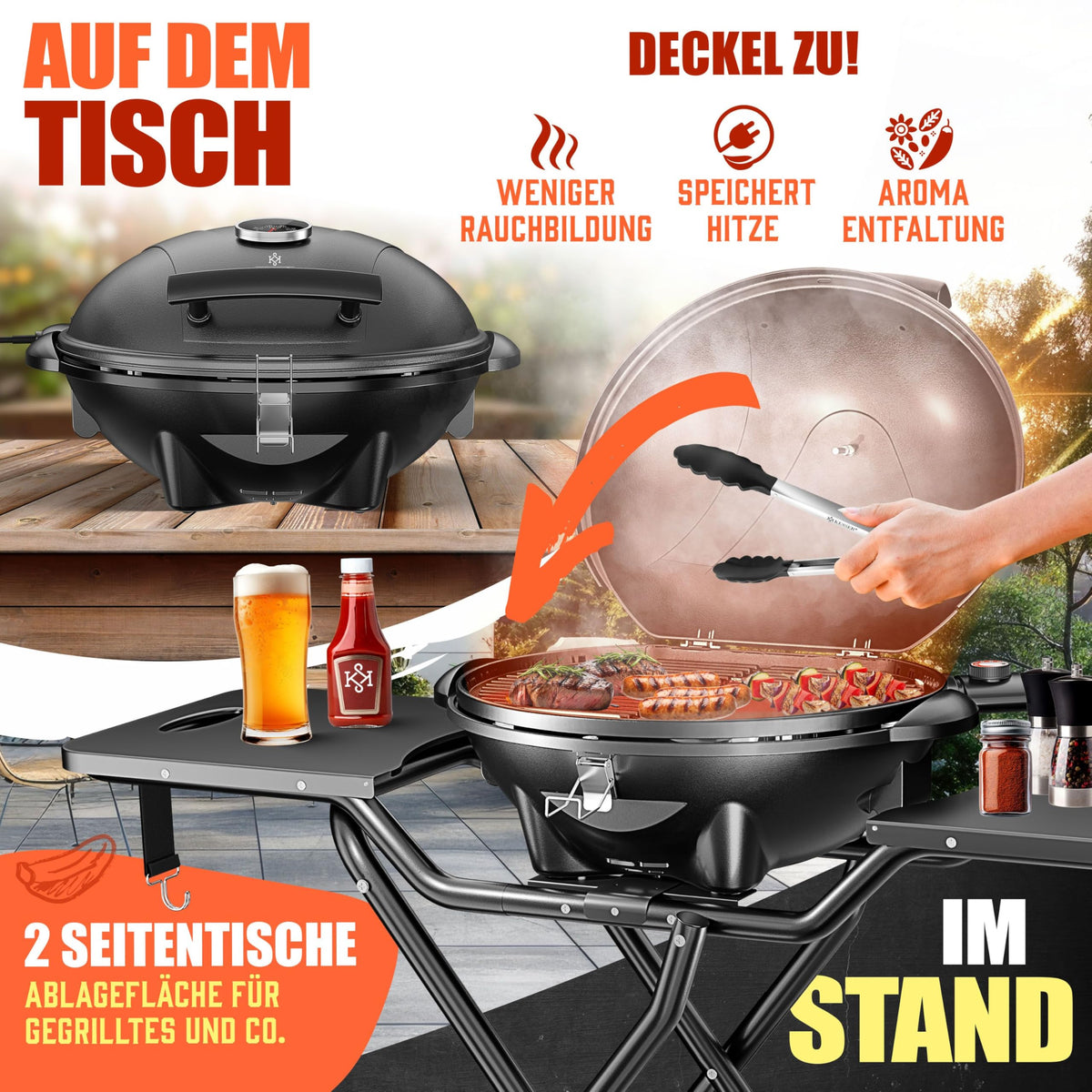 Elektrogrill 2 in 1 Tischgrill Standgrill Deckel Standfuß 2400 Watt faltbar Thermostat Antihaftbeschichtung