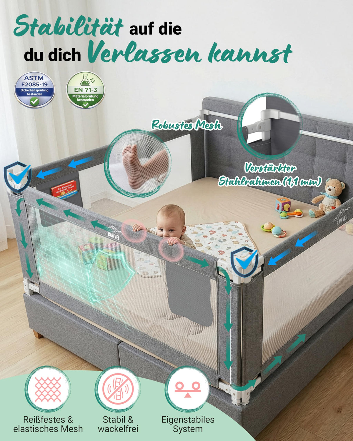 Bettgitter Rausfallschutz Boxspringbett 180x200 cm 3 Seiten Stange laborgeprüft Elternbett deutsche Anleitung