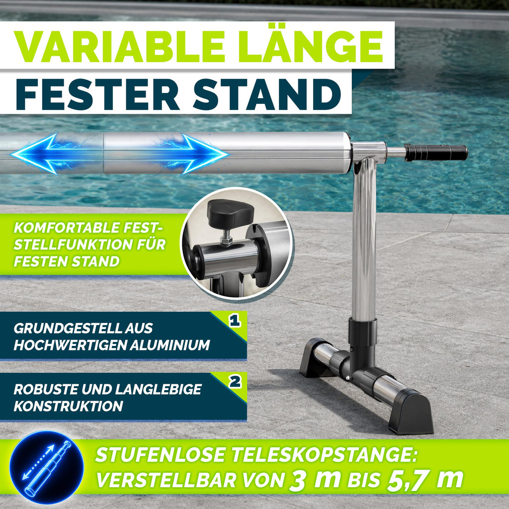 Pool Aufroller Premium 3 bis 5,70 m inklusive Vollgummireifen und Thermometer für Poolabdeckung