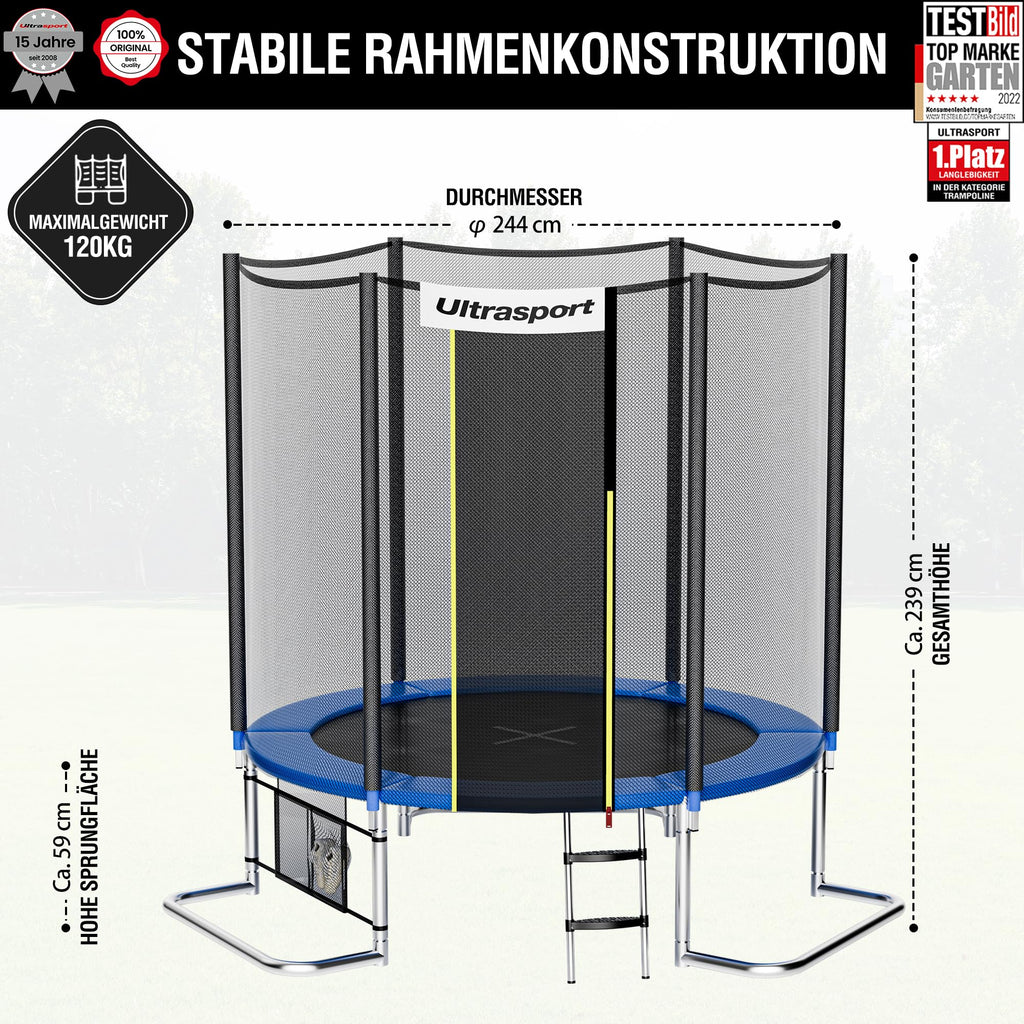 Gartentrampolin Kinder Ø180 244 305 366 430 cm bis 150 kg leise Gummiseilfederung Komplettset Sicherheitsnetz
