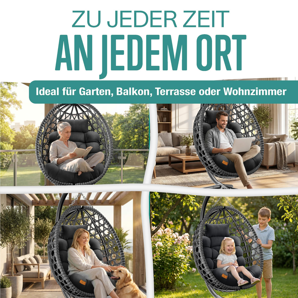 Hängesessel mit Gestell Polyrattan Outdoor Indoor 360° 150kg inkl Polsterkissen 2in1 Deckenhalterung Cover