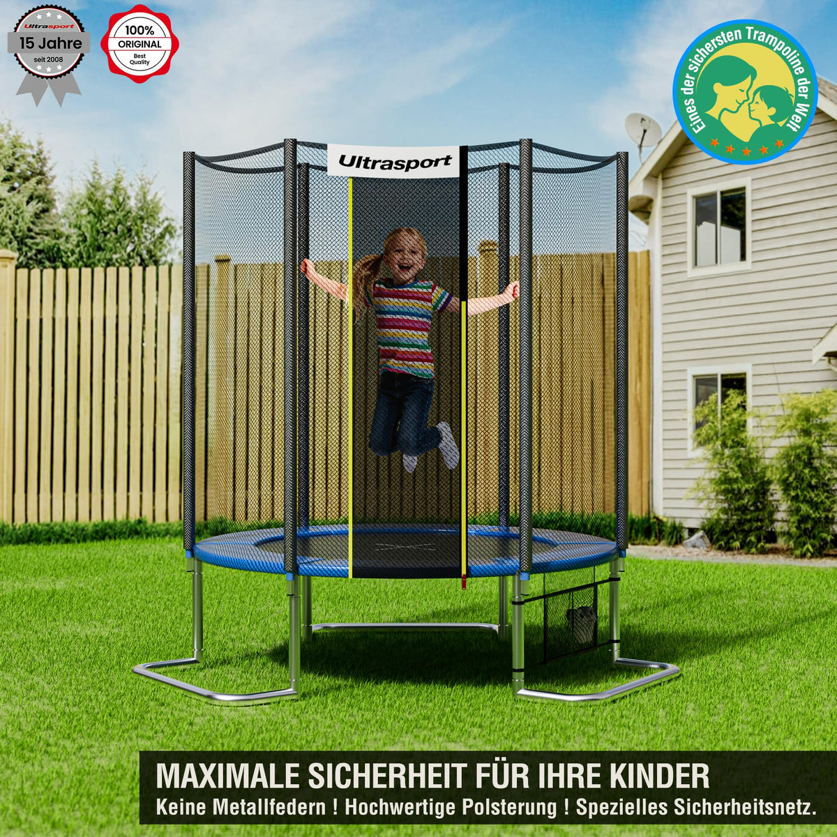 Gartentrampolin Kinder Ø180 244 305 366 430 cm bis 150 kg leise Gummiseilfederung Komplettset Sicherheitsnetz