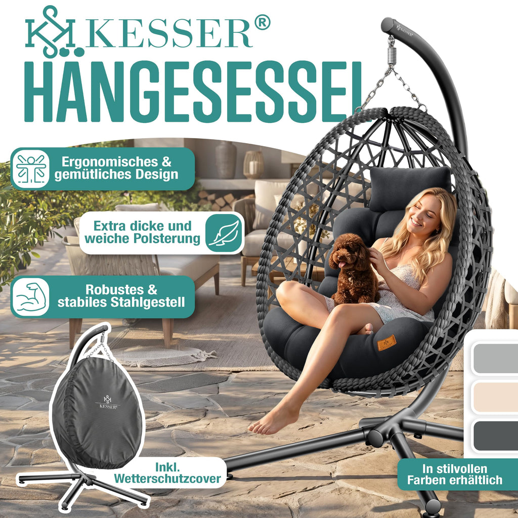 Hängesessel mit Gestell Polyrattan Outdoor Indoor 360° 150kg inkl Polsterkissen 2in1 Deckenhalterung Cover